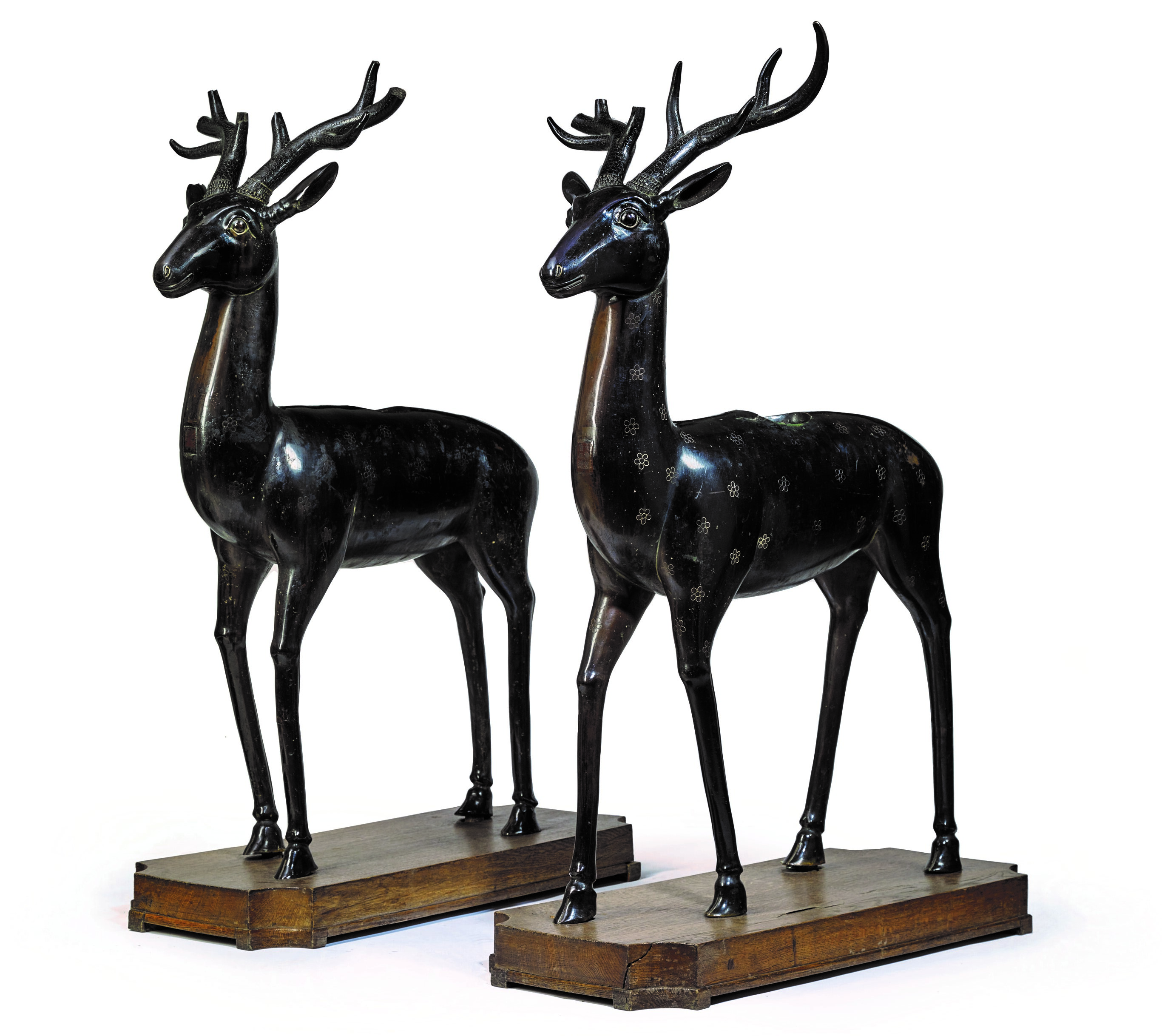 An exceptional pair of bronze stag censers, China, Qing dynasty, Qianlong six-character marks within rectangles and of the period (1736-95). Height: 50¾ and 52 in (129 and 132 cm). Estimate: €250,000-350,000. Offered in Art d'Asie on 6 July at Christie's Paris
