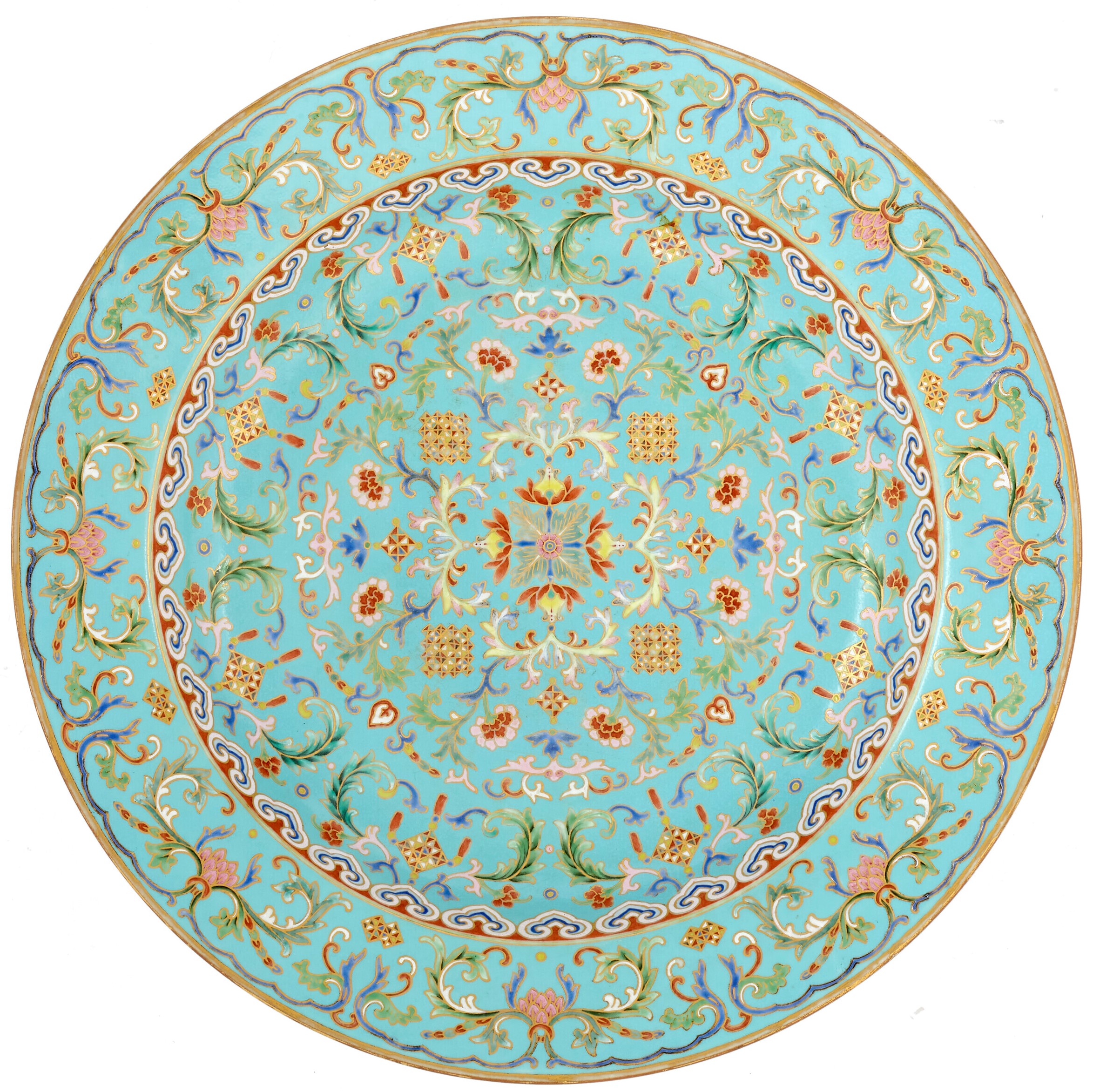 A rare and magnificent turquoise-ground yangcai imitation cloisonné dish, China, Qing dynasty, Qianlong gilt six-character sealmark and of the period (1736-95). Diameter: 15¼ in (38.7 cm). Estimate: €150,000-200,000. Offered in Art d'Asie on 6 July at Christie's Paris