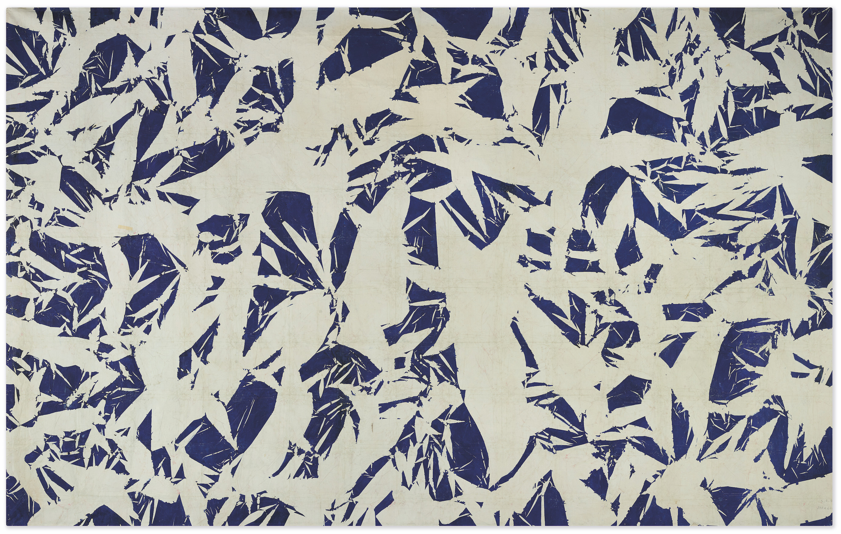 Simon Hantaï (1922-2008), Étude (verso), c. 1969-72. Acrylic and oil on canvas. 117 3⁄8 x 181 1⁄4 in. (298 x 463 cm.). Estimate: €350,000-550,000. Offered in 20th/21st Century: Paris Evening Sale on 28 June 2022 at Christie's Paris
