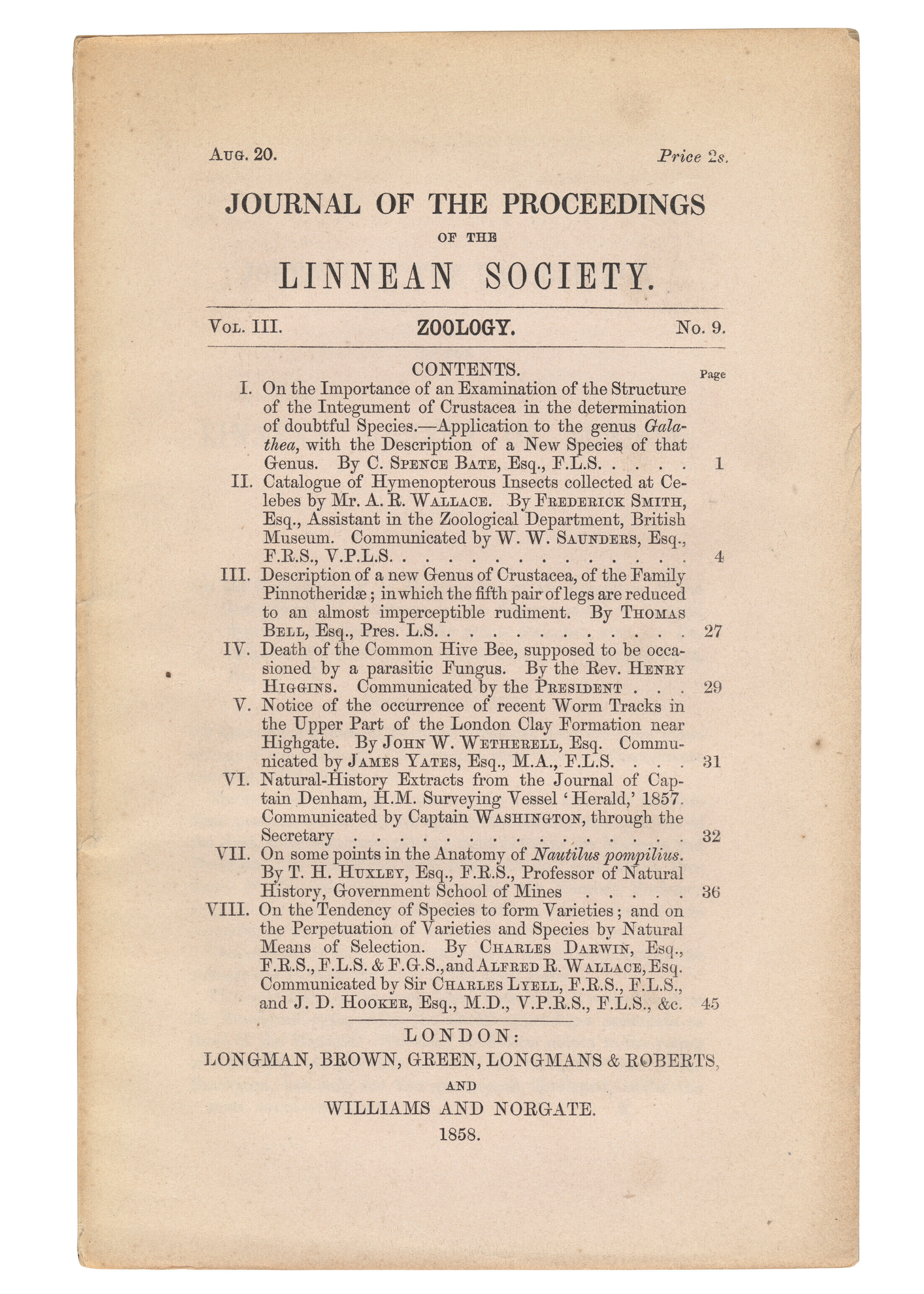 Darwin, Charles Robert (1809-1882) and Alfred Russel Wallace (1823-1913), 'On the Tendency of Species to Form Varieties' in: Journal of the Proceedings of the Linnean Society, Vol. III, No. 9. London: 1858. Sold for &pound;315,000 on 13 July 2022 at Christie&rsquo;s in London