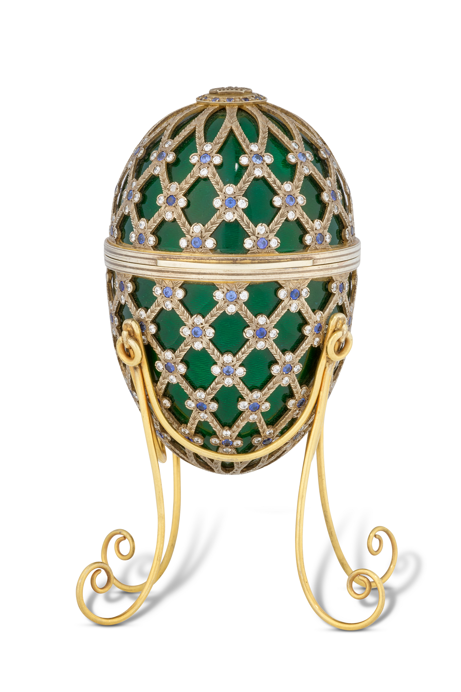 A Swarovski crystal-mounted, green enamel and gold-plated prop egg in the manner of Fabergé, commissioned from Asprey, London, from Octopussy, 1983. 4 in (10 cm) high; 2¾ in (7 cm) wide. Estimate: £6,000-10,000. Offered in Sixty Years of James Bond: Live Auction on 28 September 2022 at Christie’s in London