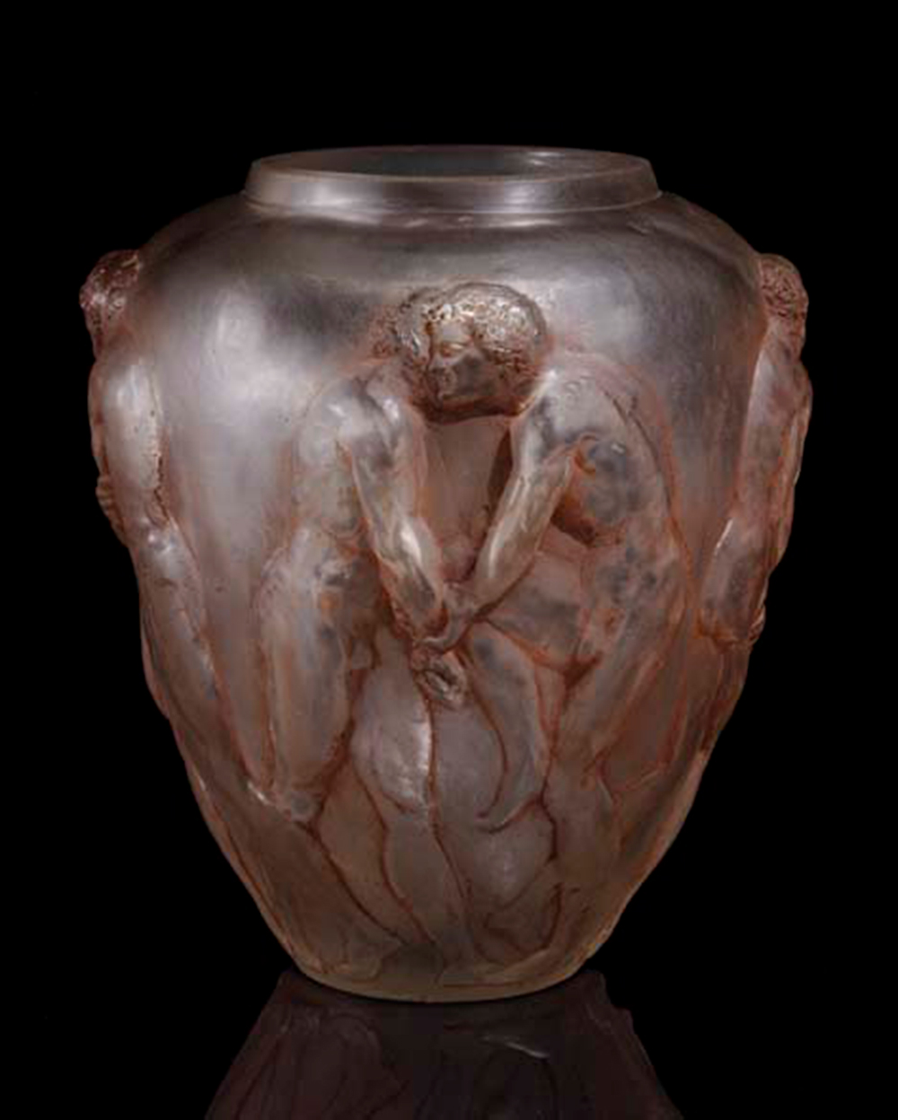 A &lsquo;Lutteurs&rsquo; cire perdue glass vase with sepia patina, 1914, by Ren&eacute; Lalique. 12&frac34; in (32.5 cm) high. Sold for $307,200 on 17 December 2006 at Christie&rsquo;s in New York
