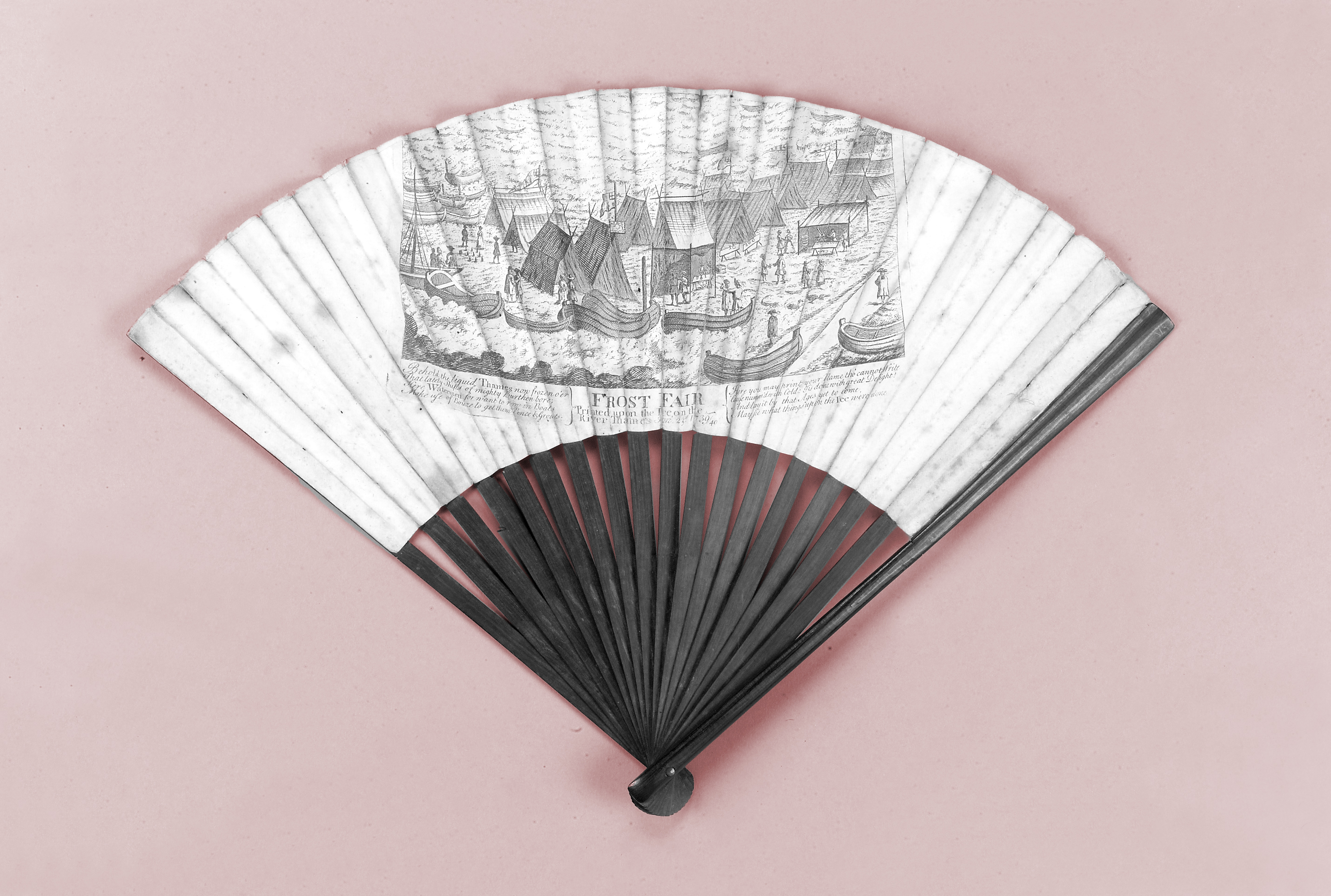 A rare printed fan depicting the Frost Fair in a line engraving: 'Printed upon the ice, on the River Thames Jan. 23d 1739/40, sold for £823 on 19 September 2000 at Christie's in London