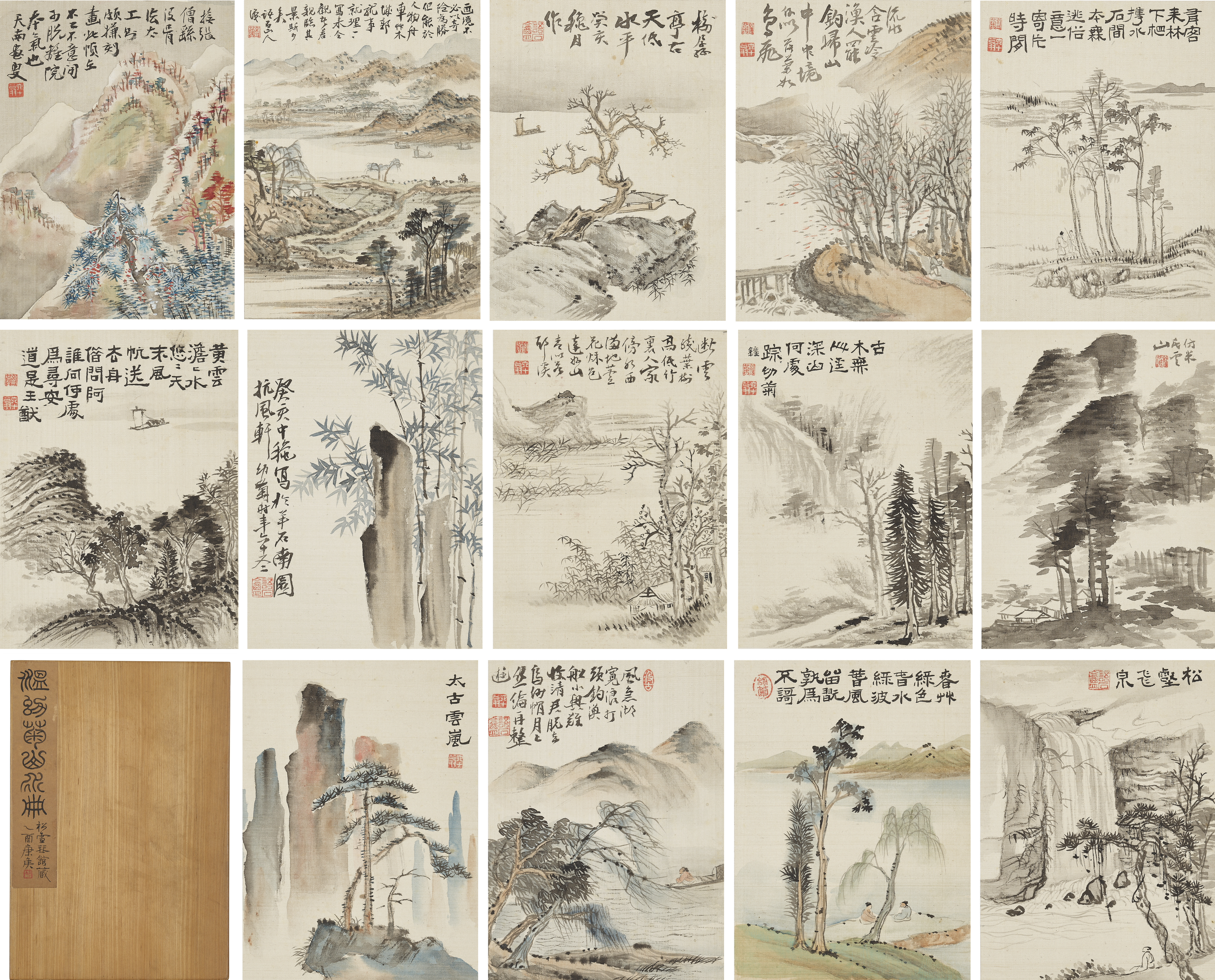 Wen Qiqiu (1862-1941), Landscape after Ancient Masters. Album of fourteen leaves, ink and colour on silk. Each leaf measures 14.7 x 10.8 cm. (5 3/4 x 4 1/4 in.). Sold for HK$88,200 on 1 September at Christie&rsquo;s Online