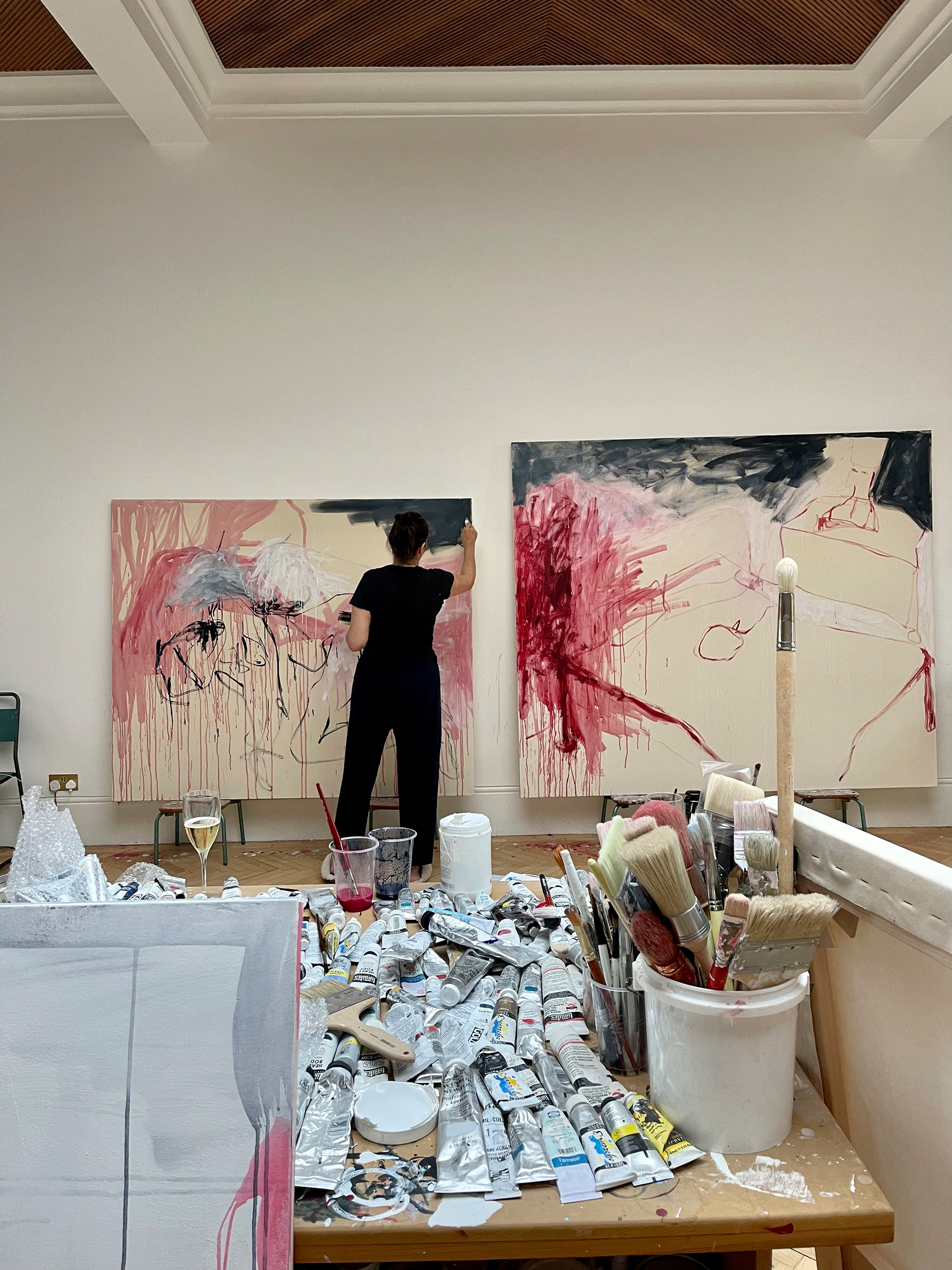 Tracey Emin working on Like A Cloud of Blood, 2022. Photo: Harry Weller. Courtesy of the artist’s studio. Artwork: © Tracey Emin, DACS 2022