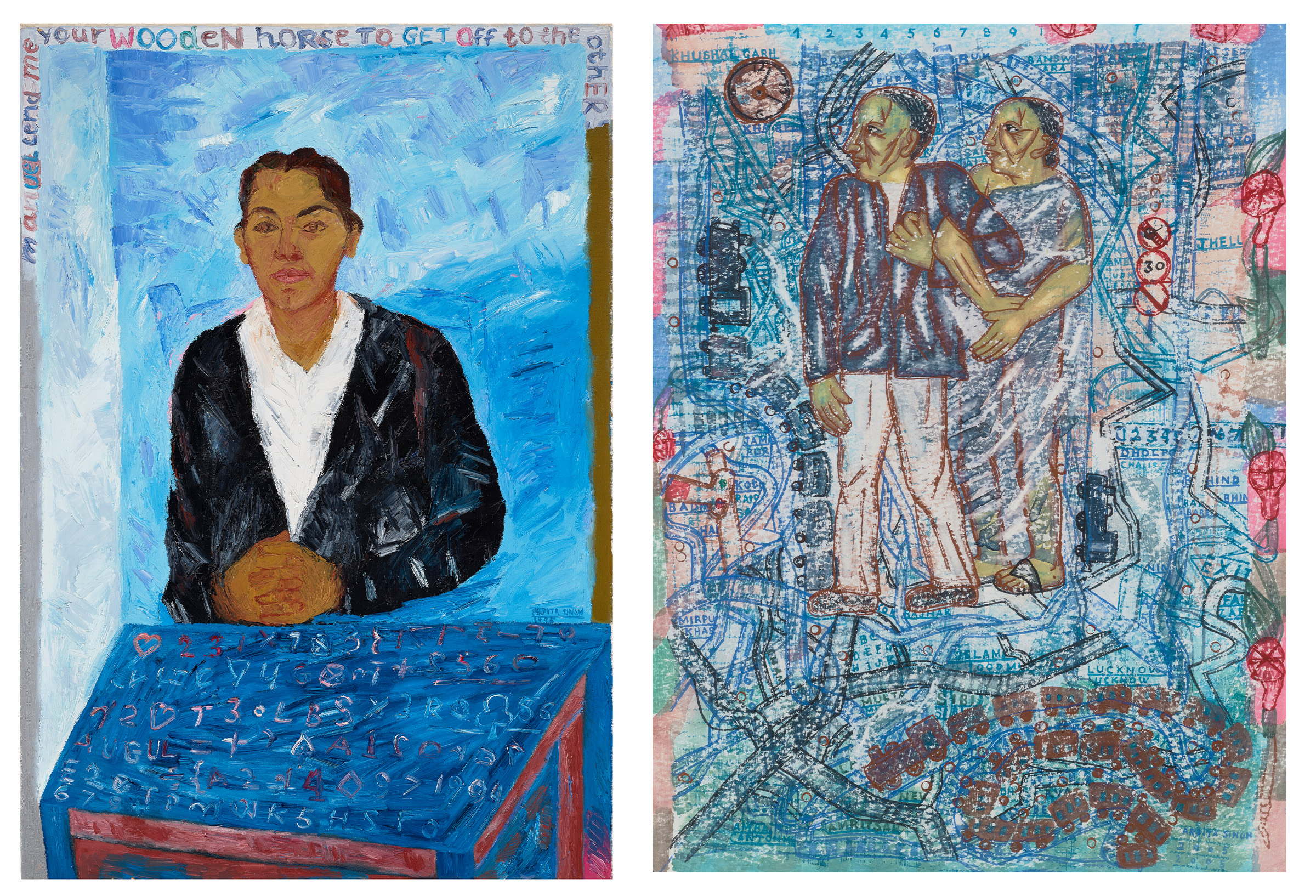 Left: Arpita Singh (b. 1937), My Daughter, 1995. Oil on canvas. 48 x 33½ in (121.9 x 85.1 cm). Estimate: $250,000-350,000; Right: Arpita Singh (b.1937), Untitled (Railway Station), 2005. Watercolor on paper. 18⅞ x 14⅛ in (47.9 x 35.9 cm). Estimate: $15,000-20,000. Both offered in Centering the Figure: South Asian Modern + Contemporary Art from the Collection of Romi Lamba on 21 September 2022 at Christie's in New York