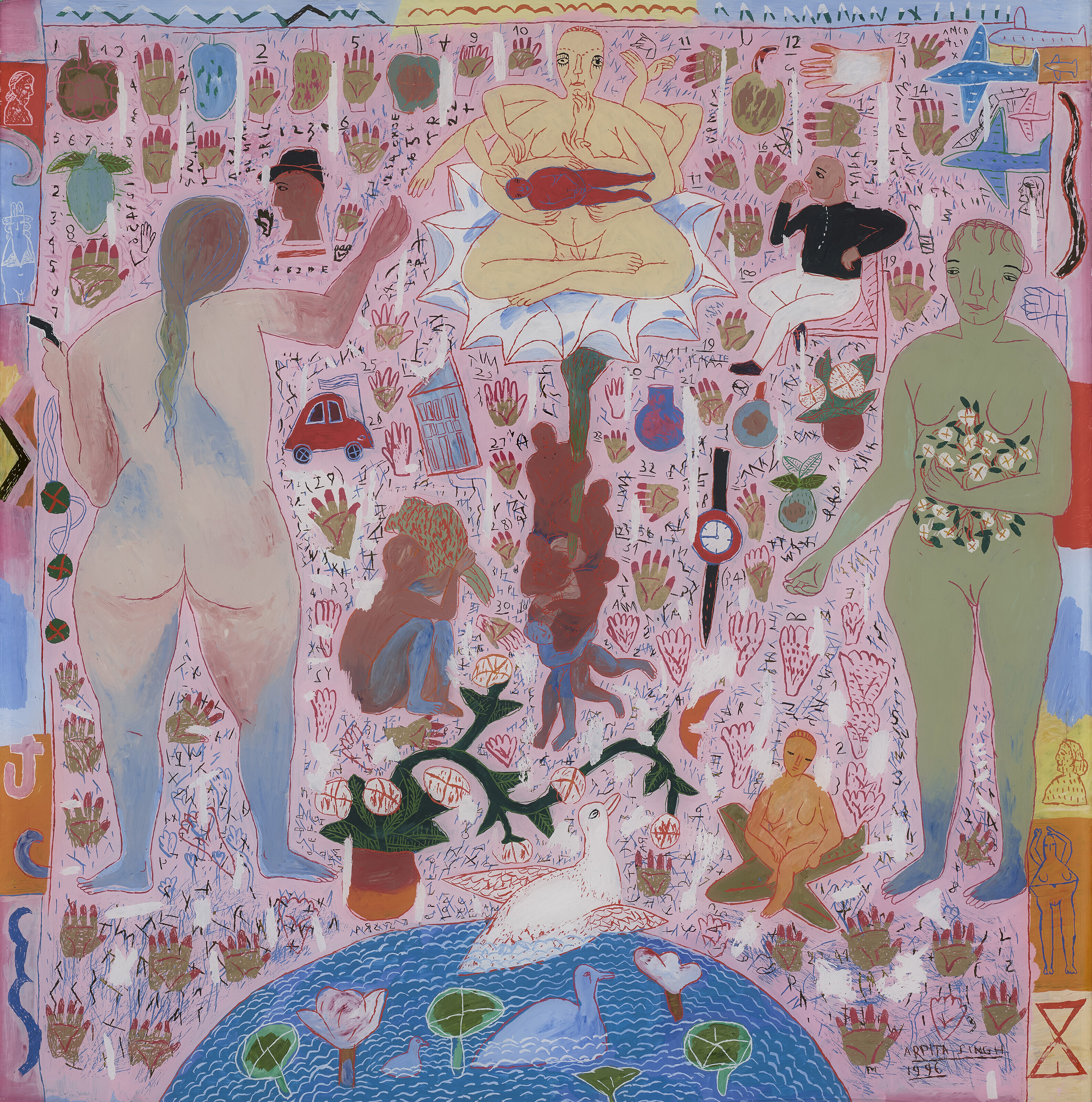 Arpita Singh (b.1937), Feminine Fables, 1996. Reverse painting in acrylic on acrylic sheet. 23&frac34; x 23&frac14; in (60.3 x 59.1 cm). Estimate: $80,000-120,000. Offered in Centering the Figure: South Asian Modern + Contemporary Art from the Collection of Romi Lamba on 21 September 2022 at Christie's in New York