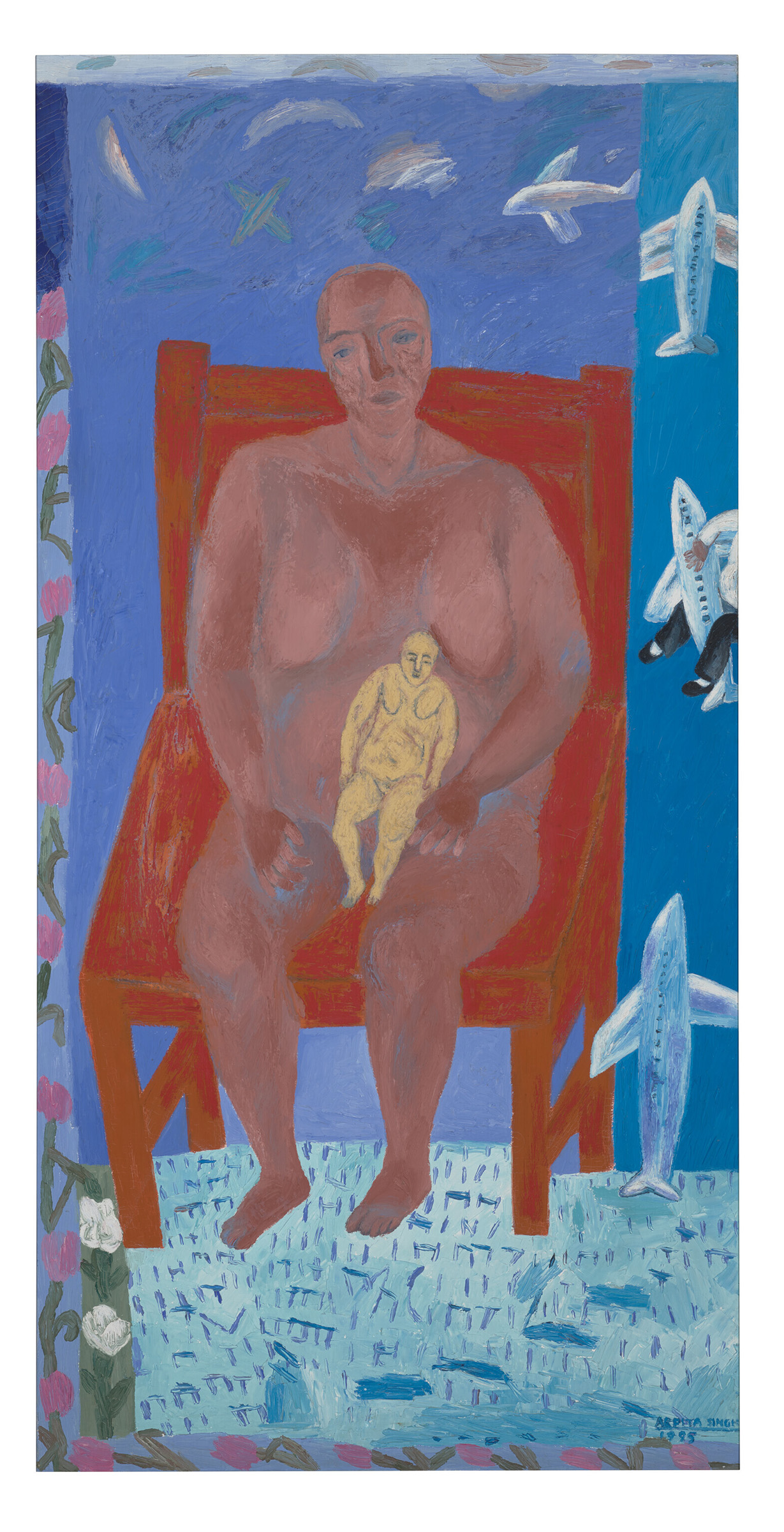 Apita Singh (b.1937), Woman with Another Woman, 1995. Oil on canvas. 59⅜ x 29½ in (150.8 x 74.9 cm). Estimate: 300,000-500,000. Offered in Centering the Figure: South Asian Modern + Contemporary Art from the Collection of Romi Lamba on 21 September 2022 at Christie's in New York