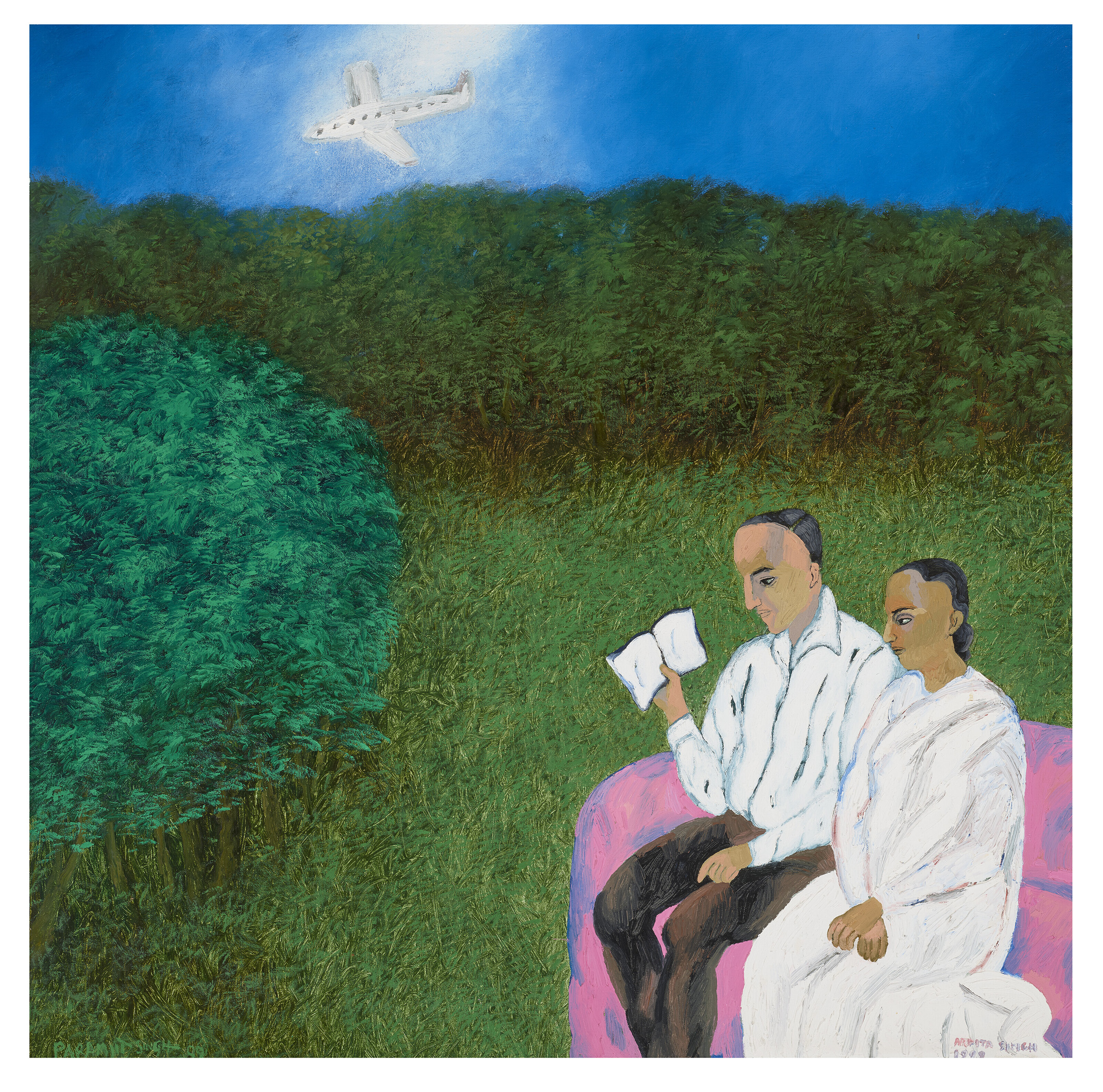 Arpita Singh (b. 1937) and Paramjit Singh (b.1935), Words Can Fly, 1999. Acrylic and oil on canvas. 36 x 36 in (91.4 x 91.4 cm). Estimate: $150,000-200,000. Offered in Centering the Figure: South Asian Modern + Contemporary Art from the Collection of Romi Lamba on 21 September 2022 at Christie's in New York