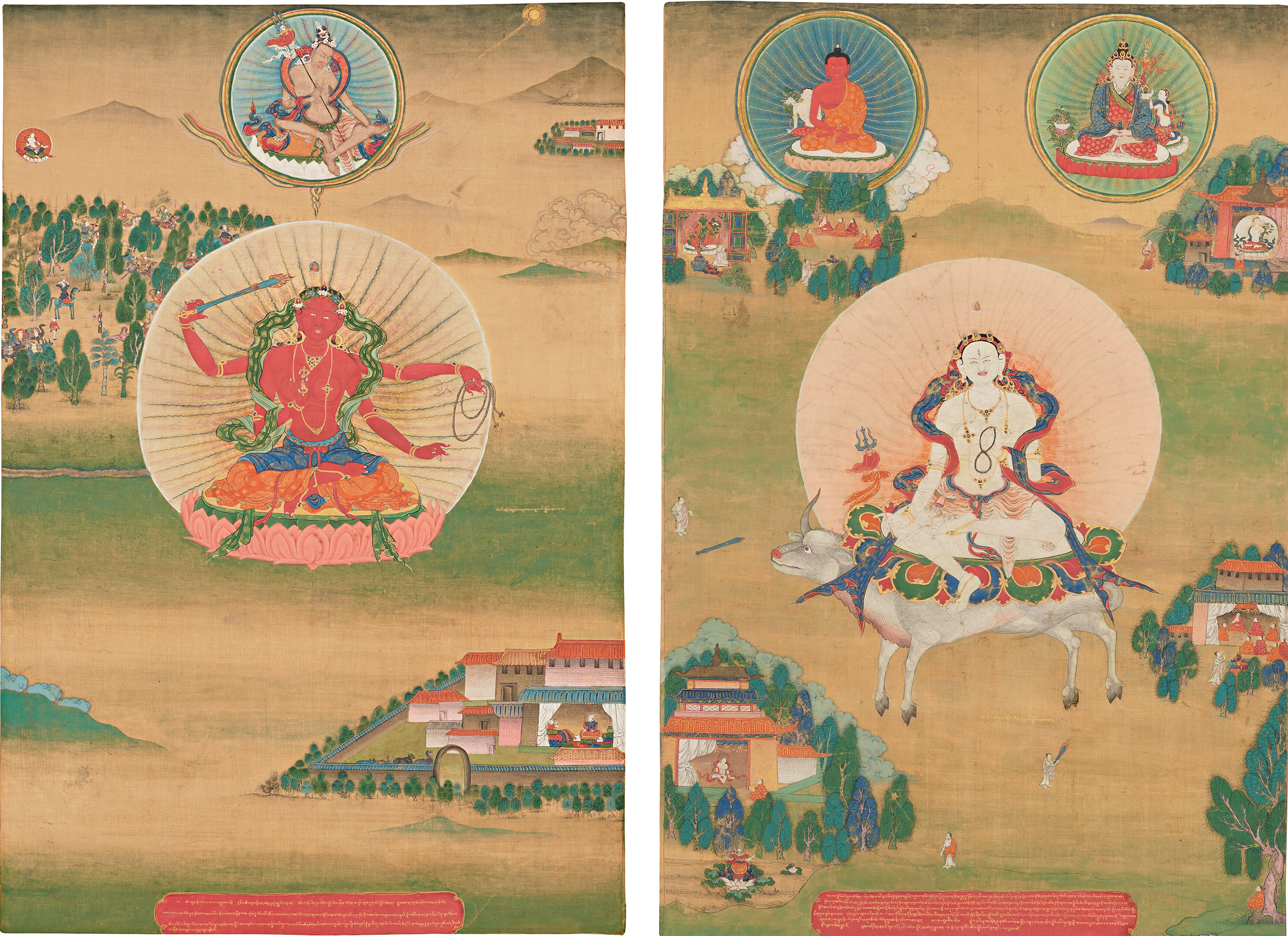 左:八蚌寺度母唐卡。藏东康巴地区八蚌寺,约十八世纪作。24 1/8 x 16 3/8 英寸(61.3 x 41.6 公分)。估价:40,000-60,000美元。右:八蚌寺度母唐卡。藏东康巴地区八蚌寺,十八世纪作。24 1/4 x 16 3/8 英寸(61.6 x 41.6 公分)。估价:40,000-60,000美元。两幅唐卡将于2022年9月21日在佳士得纽约杭廷顿伉俪珍藏拍卖中呈献