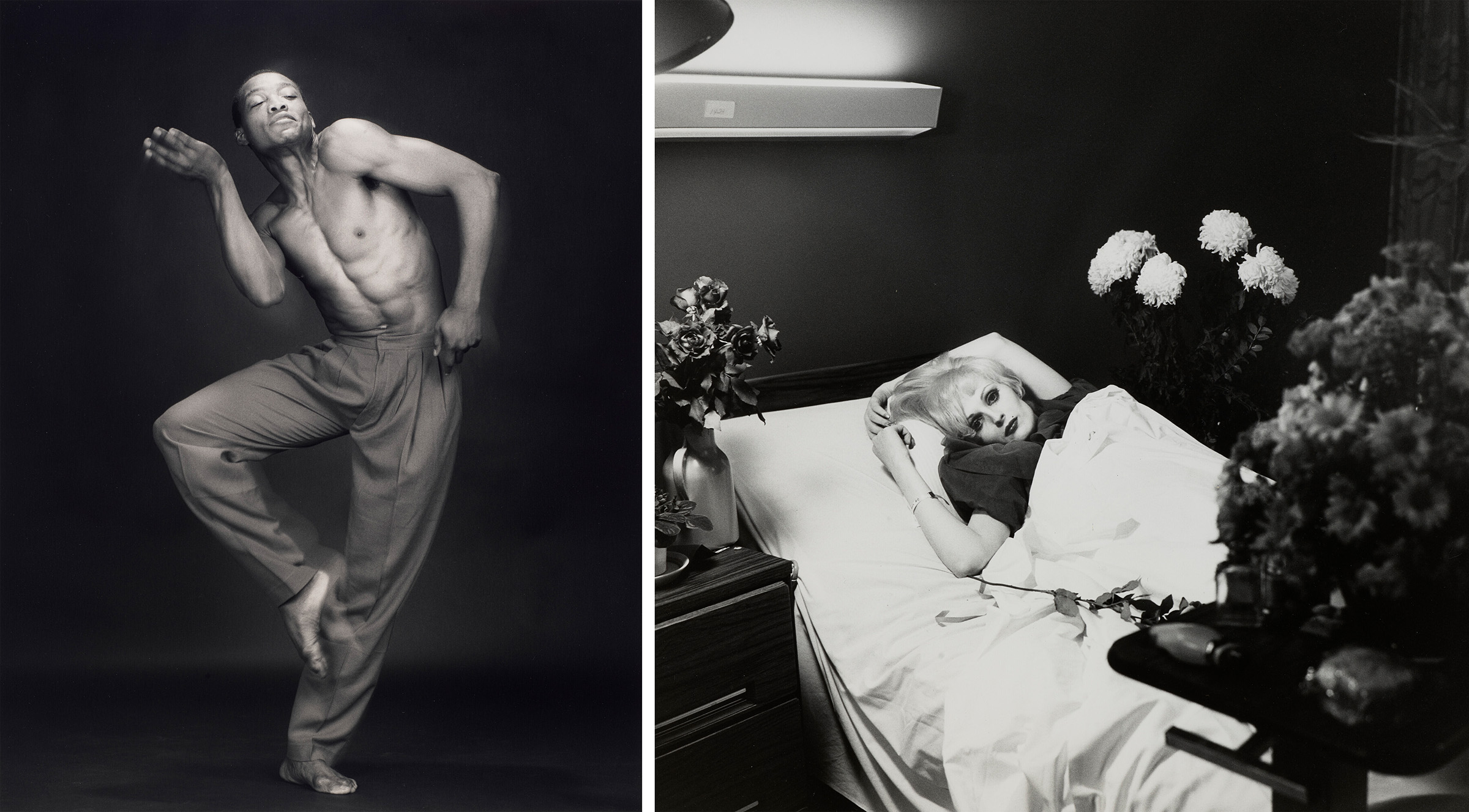 Left: Robert Mapplethorpe (1946–1989), Bill T. Jones, 1985. Gelatin silver print, flush-mounted on board, printed 1991. Image: 19 x 15 in (48.2 x 38.1 cm); Sheet/flush mount: 20 x 16 in (50.8 x 40.6 cm). Right: Peter Hujar (1934–1987), Candy Darling on Her Deathbed (III), 1973.. Gelatin silver print. Image: 13 ⅝ x 13 ⅝ in (34.6 x 34.6 cm.) Sheet: 16 ⅝ x 13 ¾ in (42.2 x 34.9 cm). Sold for $40,320 on 6 October 2022 at Christie’s Online