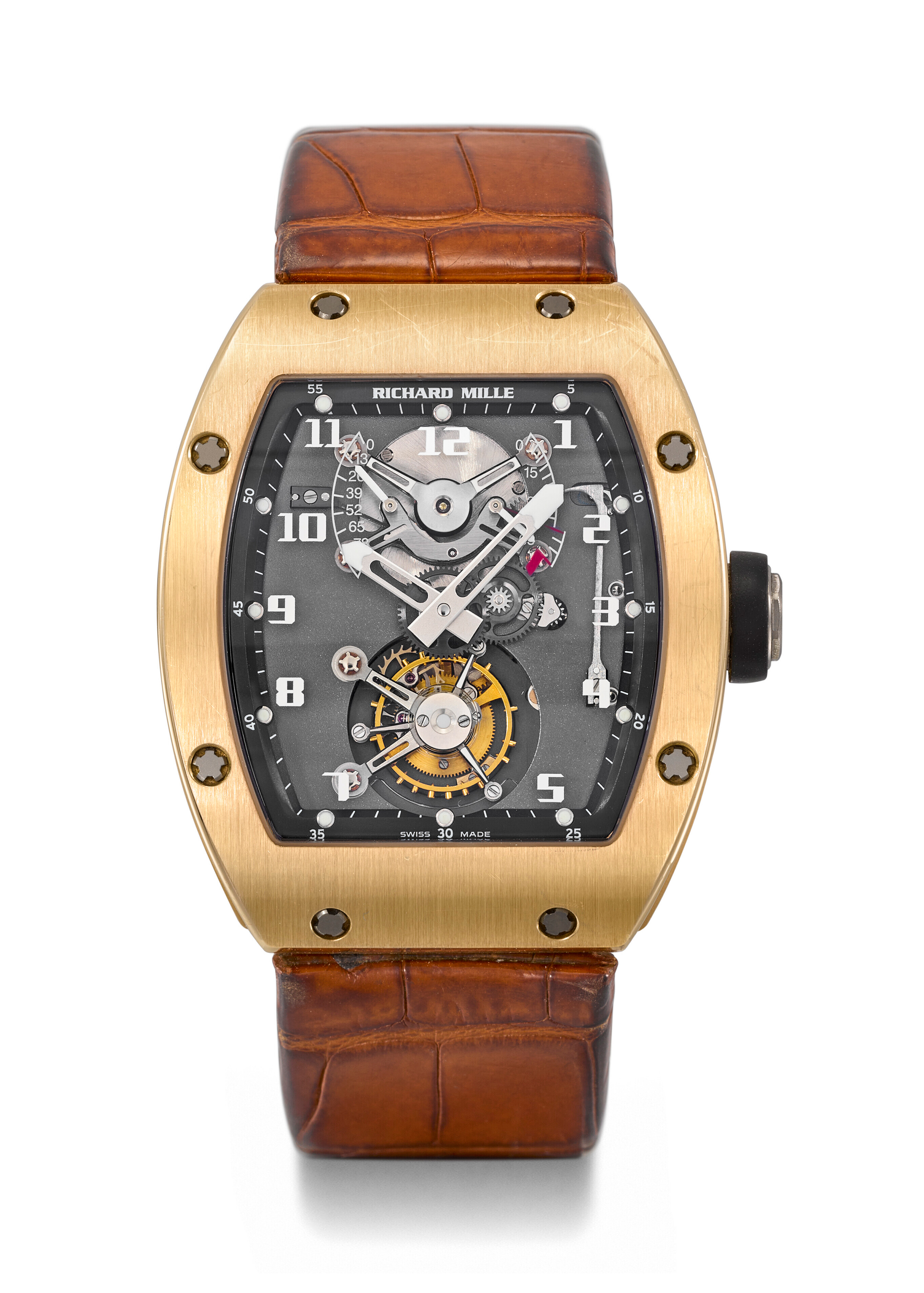 Richard Mille, a unique and highly important 18ct pink gold wristwatch with one-minute tourbillon, torque and power-reserve indicators, ref. RM001, circa 2001, sold for CHF 2,094,000 on 6 November 2022 at Christie's in Geneva
