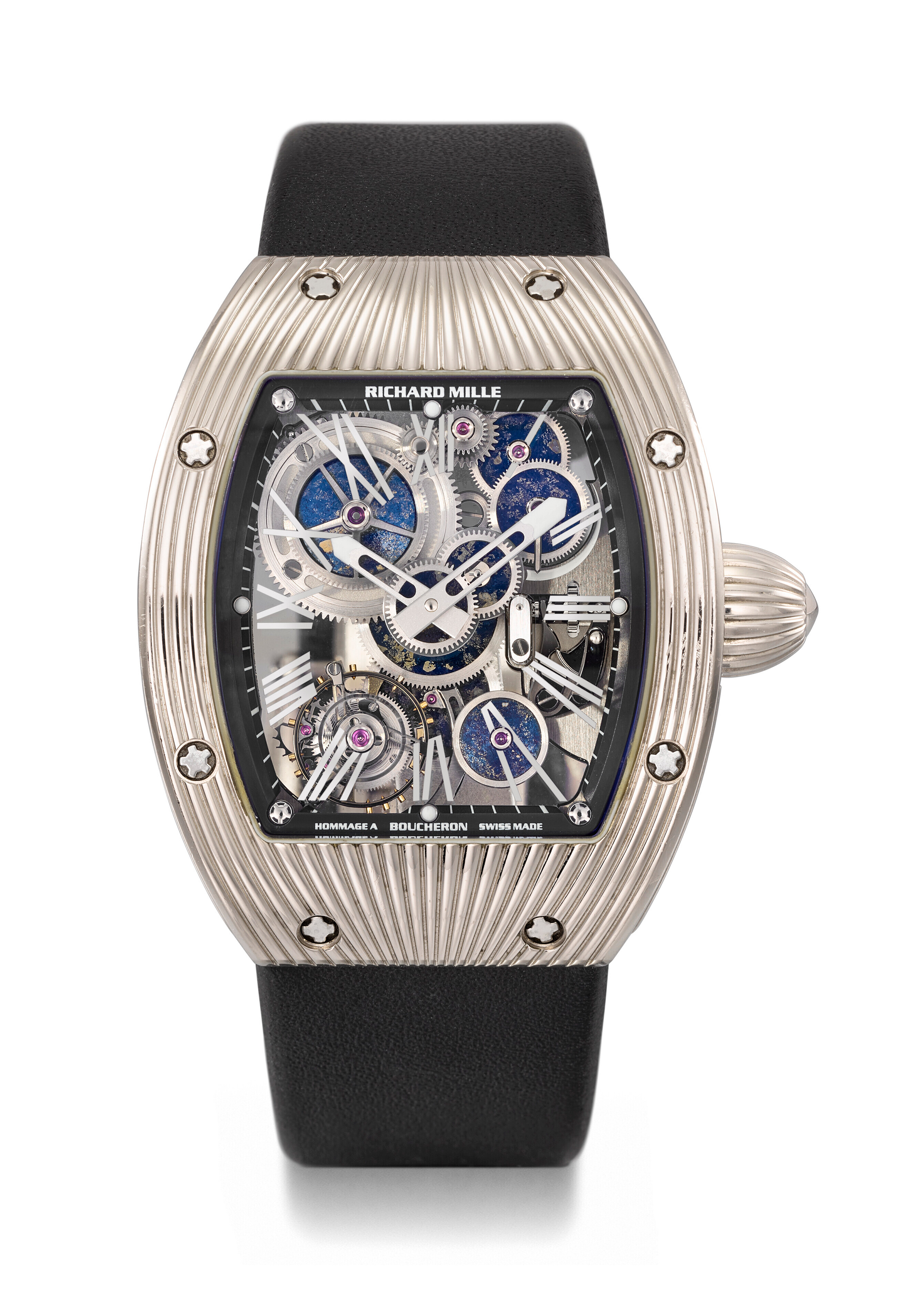 Richard Mille, a unique 18ct white gold skeletonised tourbillon wristwatch with blued and gold mineral-set wheels and box, made to commemorate the 150th anniversary of Boucheron, ref. RM018, circa 2008, sold for CHF 1,554,000 on 6 November 2022 at Christie's in Geneva