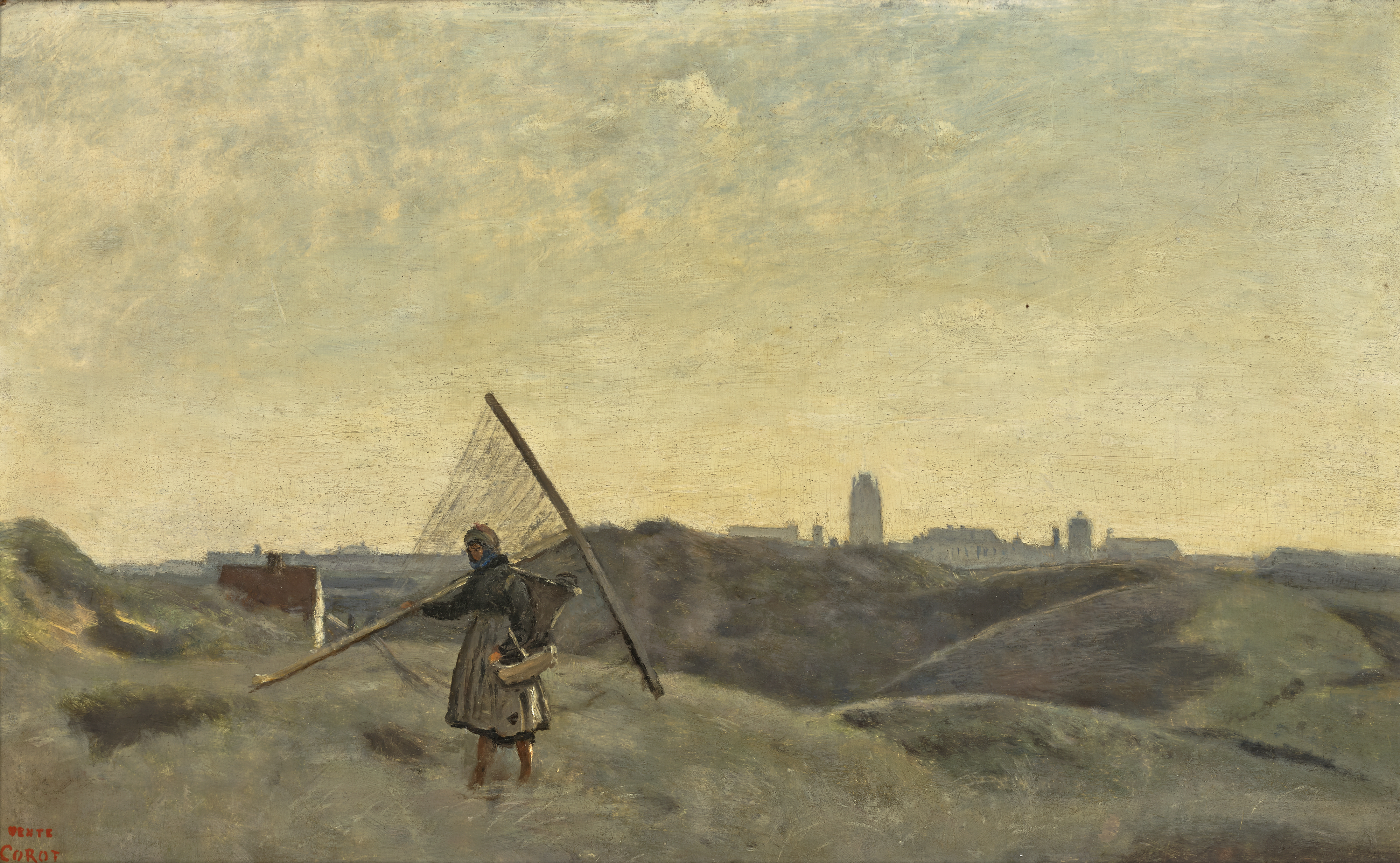 Jean-Baptiste-Camille Corot (1796-1875), Dunkerque, une pêcheuse de crevettes, 1857. Oil on panel. 11⅛ x 18 in (28.2 x 45.7 cm). Estimate: £30,000-50,000. Offered in Churchill to Eden: The Collection of The Earl and Countess of Avon on 21 October 2022 at Christie’s in London