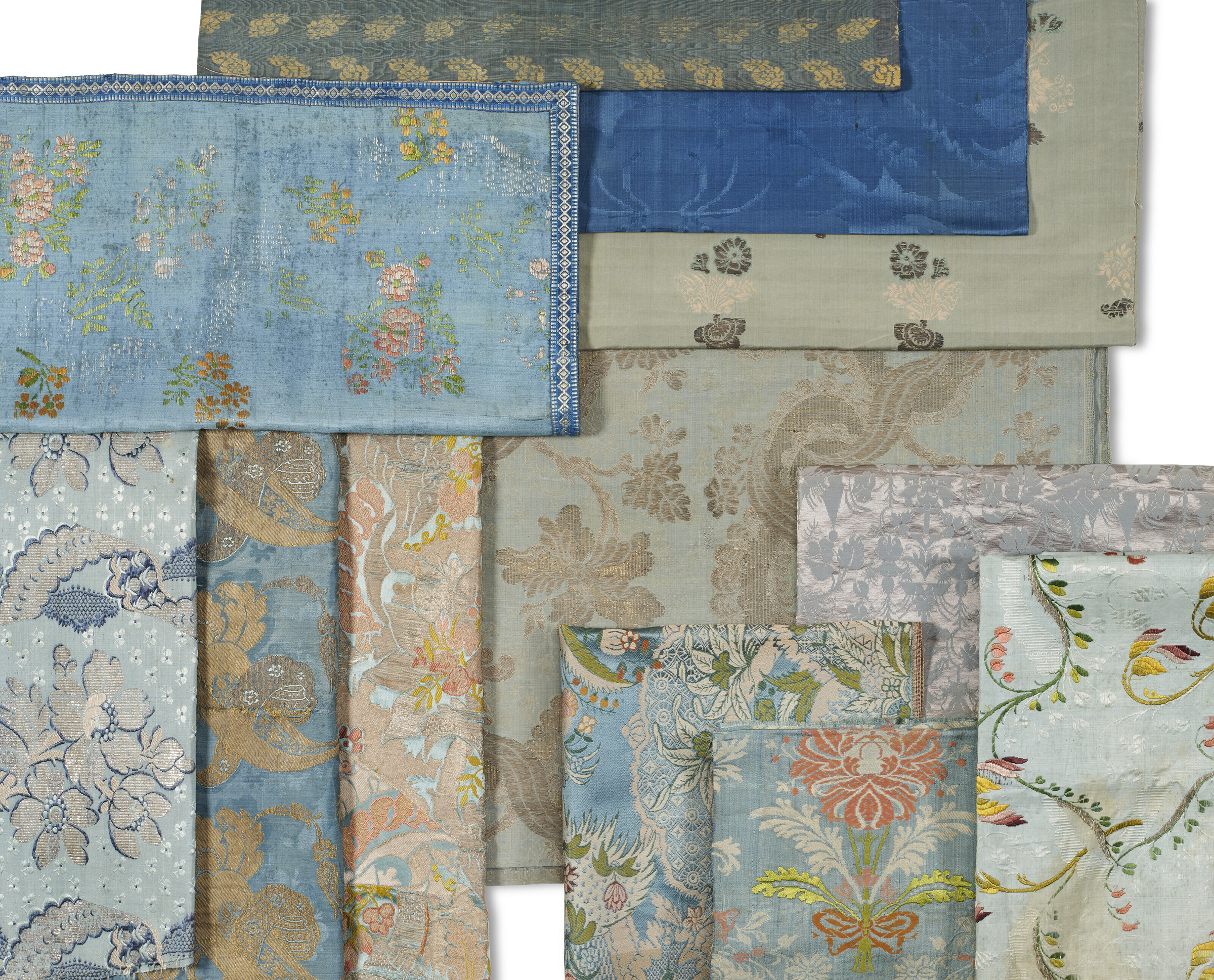 A group of 13 blue toned silks, English and Continental, late 17th-20th centuries. 36 in (91.4 cm) wide, 40 in (101.6 cm) long (the brocaded silk table cover). Sold for $9,450 in The Ann & Gordon Getty Collection: English and European Decorative Arts on 25 October 2022 at Christie’s Online