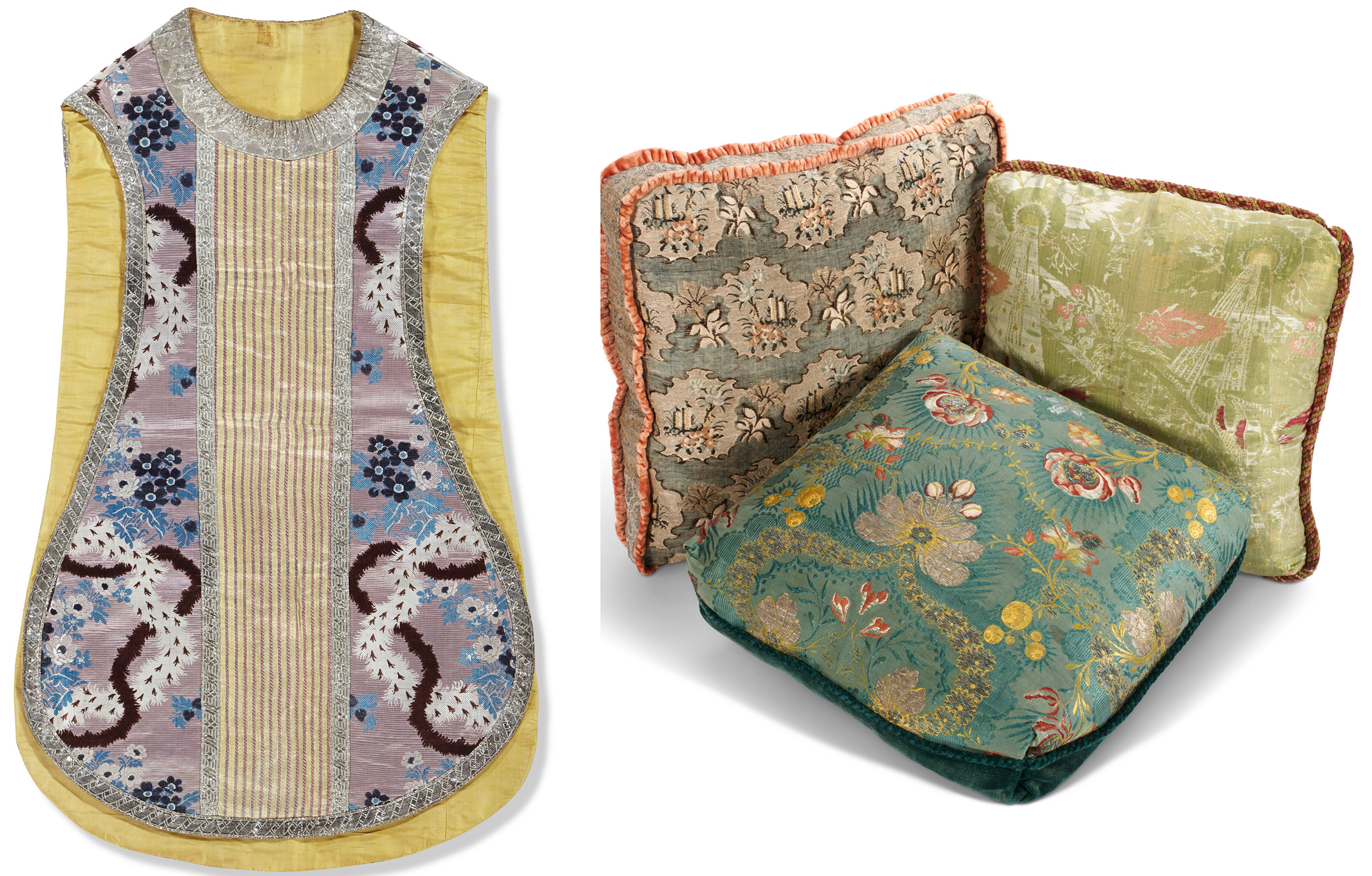 Left: A French silk brocade chasuble, c. 1760. 24 ¼ in (61.6 cm) wide, 39 ¾ in (101 cm) long. Sold for $2,394; Right: Three silk and/or velvet cushions, English and Continental, 18th century. 14 ¼ in (36.2 cm) square, 14 ¾ in (37.5 cm) square, 16 ¼ in (41.3 cm) square. Sold for $1,638. Both sold in The Ann & Gordon Getty Collection: Decorations, Furniture, Lighting and Objects on 11-25 October 2022 at Christie’s Online