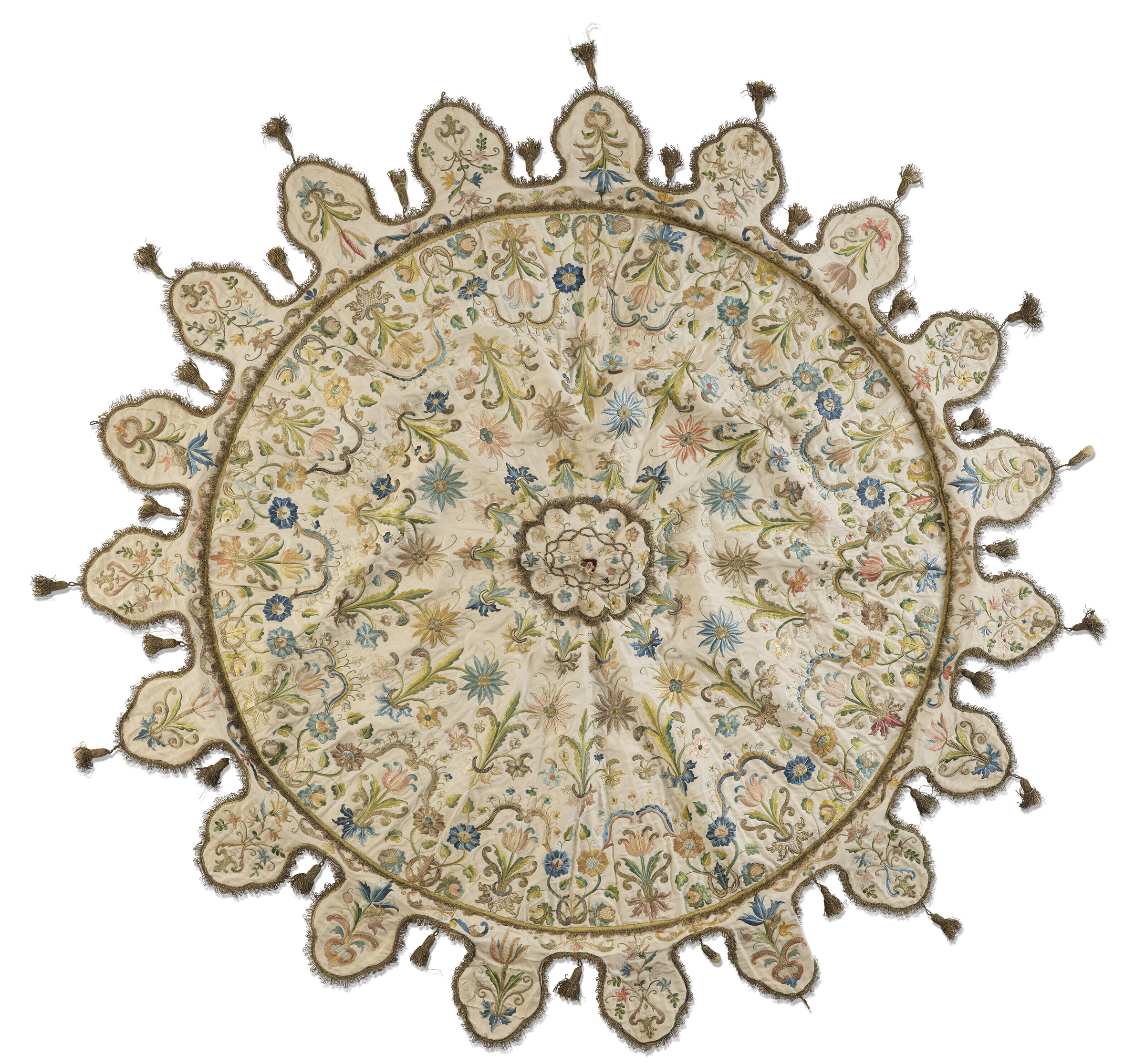 An Italian embroidered silk parasol cover, early 18th century. 60 in (152.4 cm) diameter. Sold for $7,560 in The Ann & Gordon Getty Collection: English and European Decorative Arts on 25 October 2022 at Christie’s Online