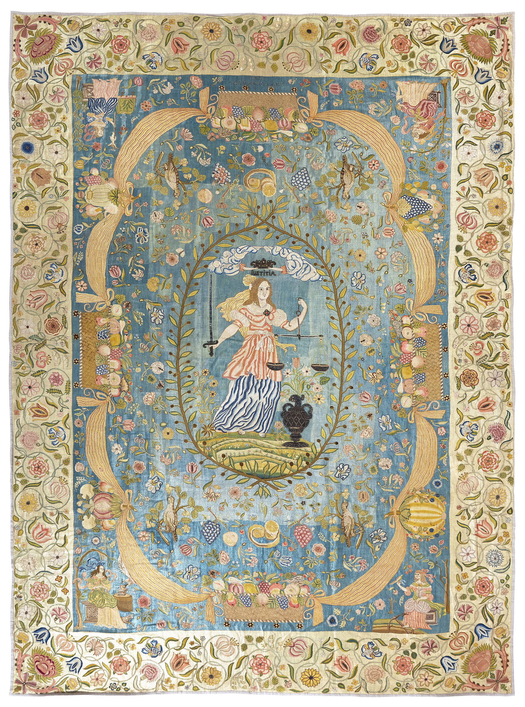 A Charles II silk 'table carpet', England, dated 1661. 10 ft 6 in (320 cm) high, 7 ft 4 in (221 cm) wide. Sold for $69,300 in The Ann & Gordon Getty Collection: Volume 1 | Important Pictures and Decorative Arts, Evening Sale on 19 October 2022 at Christie’s in New York