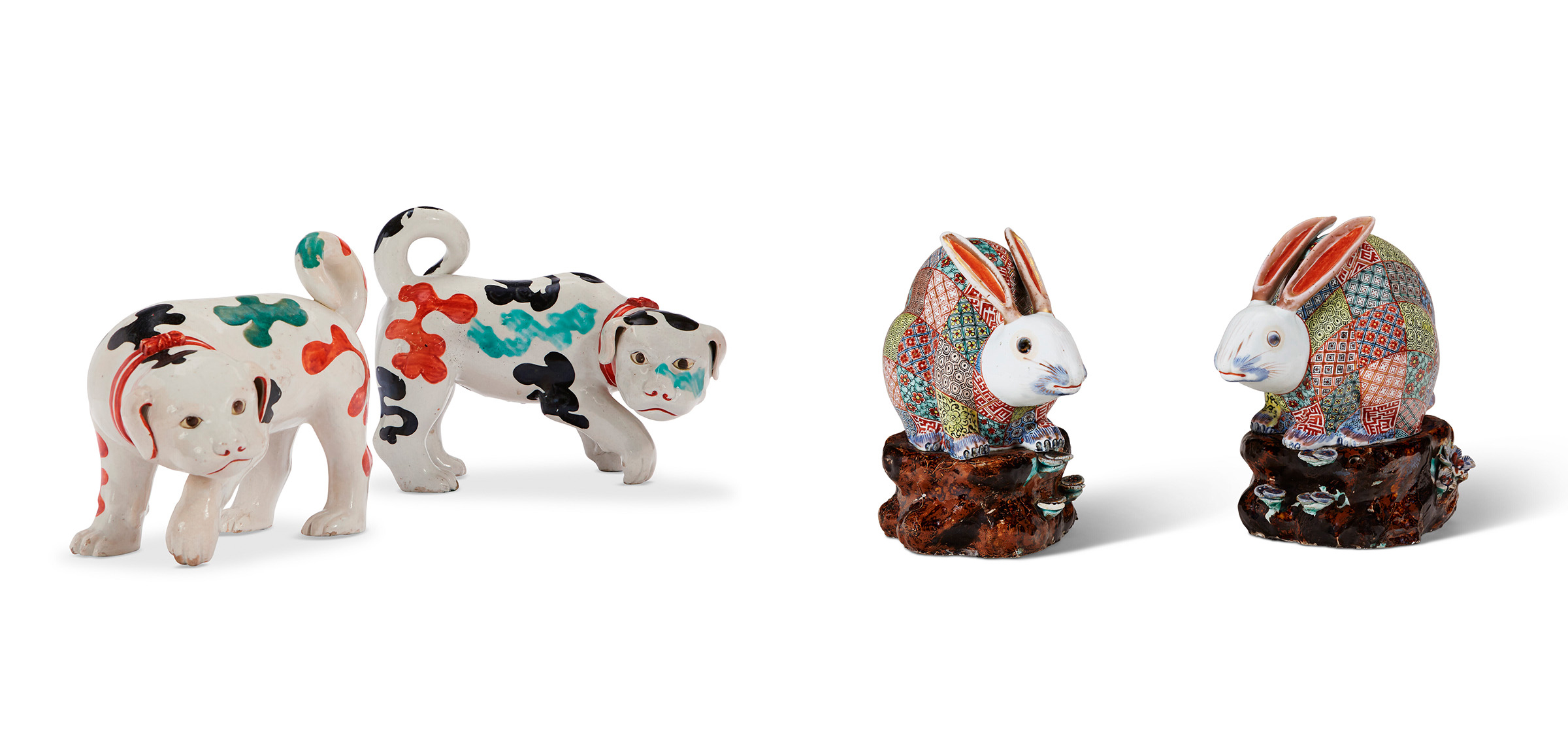 Left: A Pair of Japanese Export Arita Porcelain Models of Puppies, Edo period (1600-1868), late 17th century.
9½ in (24.2 cm) long. Sold for $189,000 in The Ann & Gordon Getty Collection: Volume 3 on 21 October at Christie’s in New York. Right:
A Pair of Japanese Porcelain Models of Rabbits, Edo period (1600-1868), first half 18th century.
8½ in (21.6 cm) high. Sold for $226,800 in The Ann & Gordon Getty Collection: Volume 2 on 21 October at Christie’s in New York