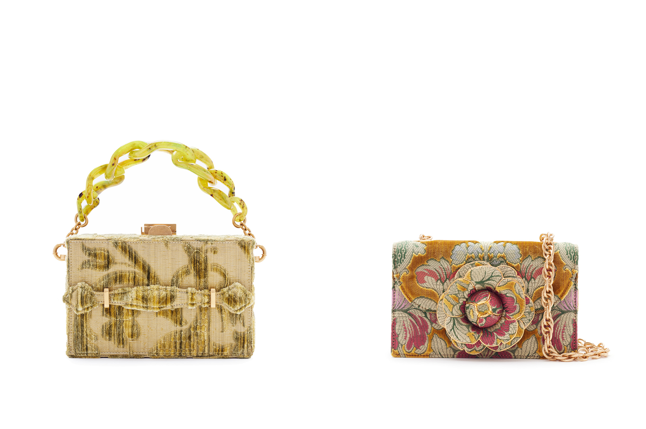A Byzantine style soprarizzo velvet alibi evening bag, Oscar de la Renta, 2022. 19.5 x 6.4 x 11.9 cm. Sold for $3,024; A Venetian velvet jacquard tro shoulder bag with gardenia clasp, Oscar de la Renta, 2022. 21 x 13.5 x 6.5 cm. Sold for $8,190. Both sold in The Ann & Gordon Getty Collection: Jewelry and Handbags on 24 October 2022 at Christie’s online