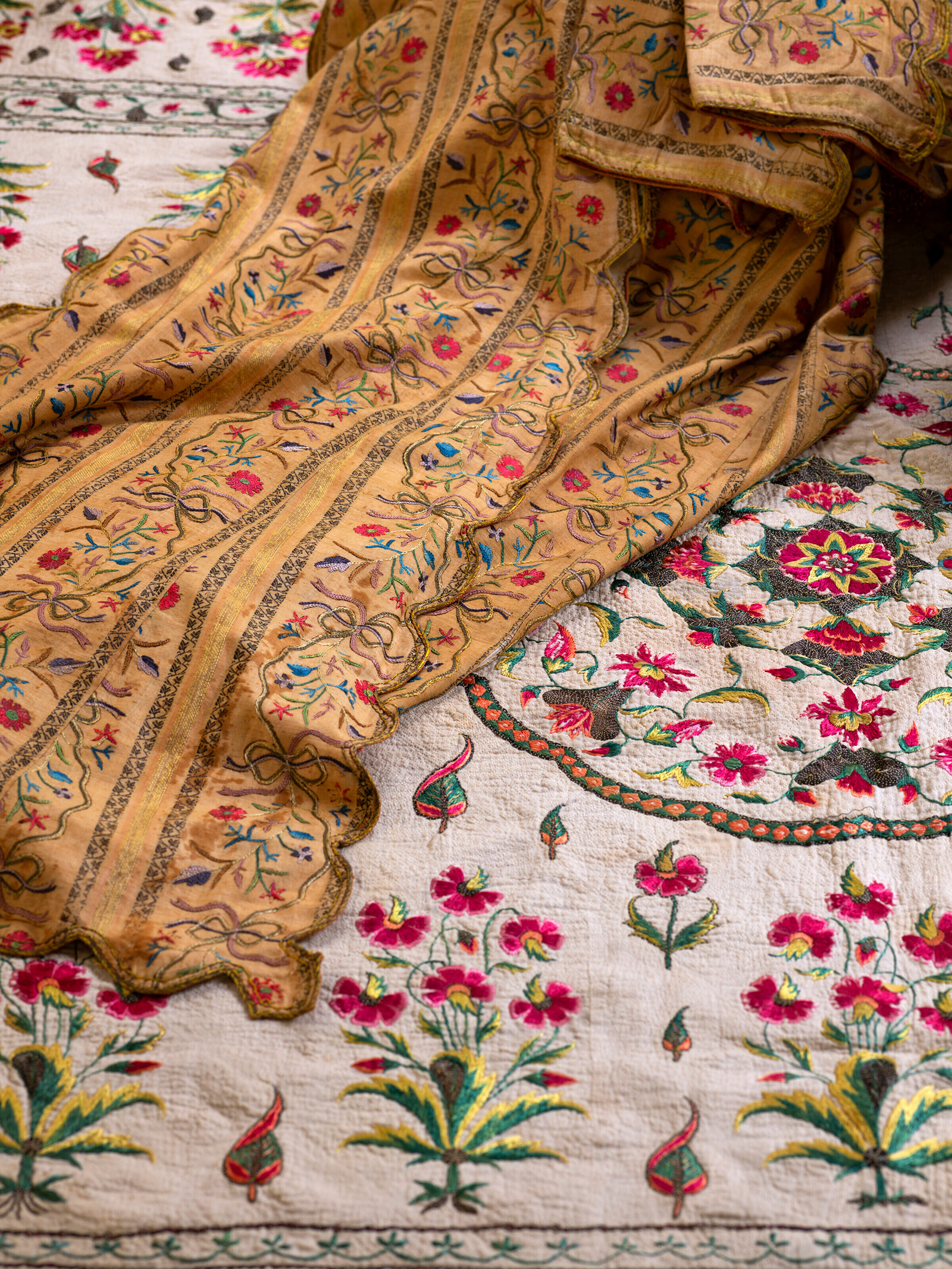 Installation view, textiles in the courtyard of Ann and Gordon Getty&rsquo;s San Francisco residence featuring works from The Ann &amp; Gordon Getty Collection. Photograph &copy; 2022, Visko Hatfield