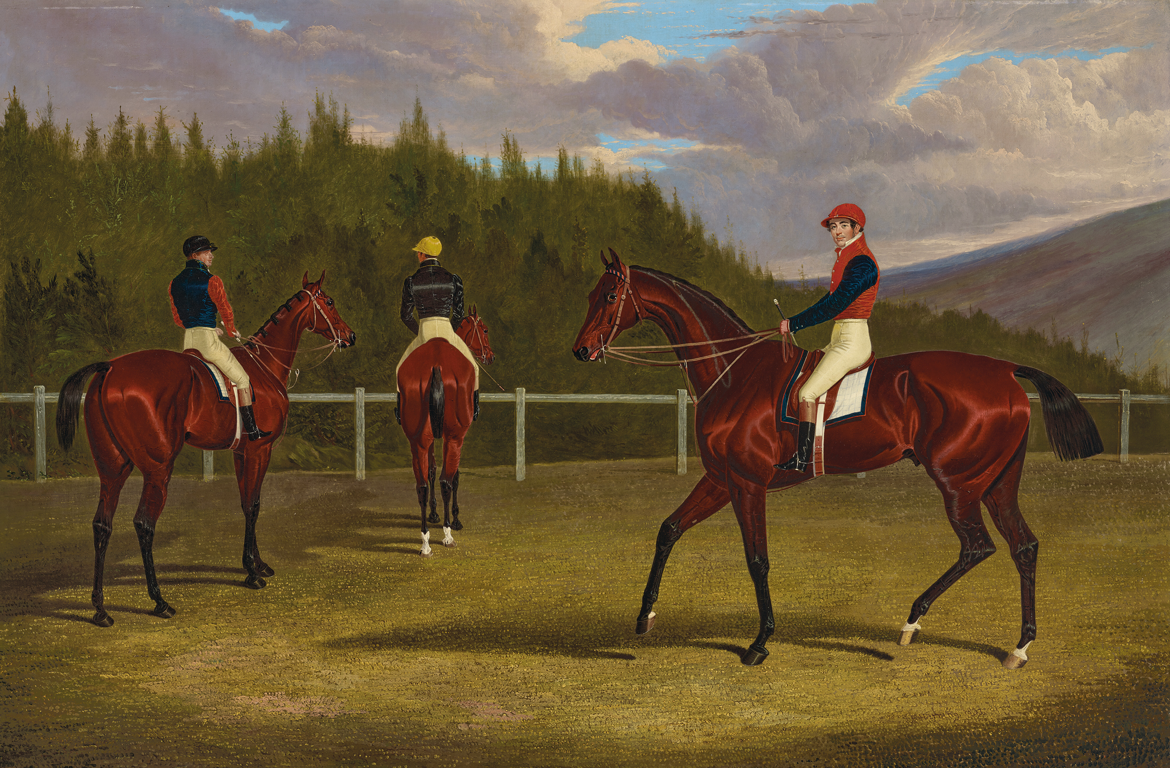 John Frederick Herring, Sr. (1795-1865), The Start of the Goodwood Gold Cup, 1831, Lord Chesterfield&rsquo;s Priam, His Majesty King William IV&rsquo;s Fleur De Lis, and Mr. Stonehewer&rsquo;s Variation. Oil on canvas. 28⅛ x 41⅞ in (71.4 x 106.3 cm). Sold for £428,400 on 22 November 2022 at Christie’s in London