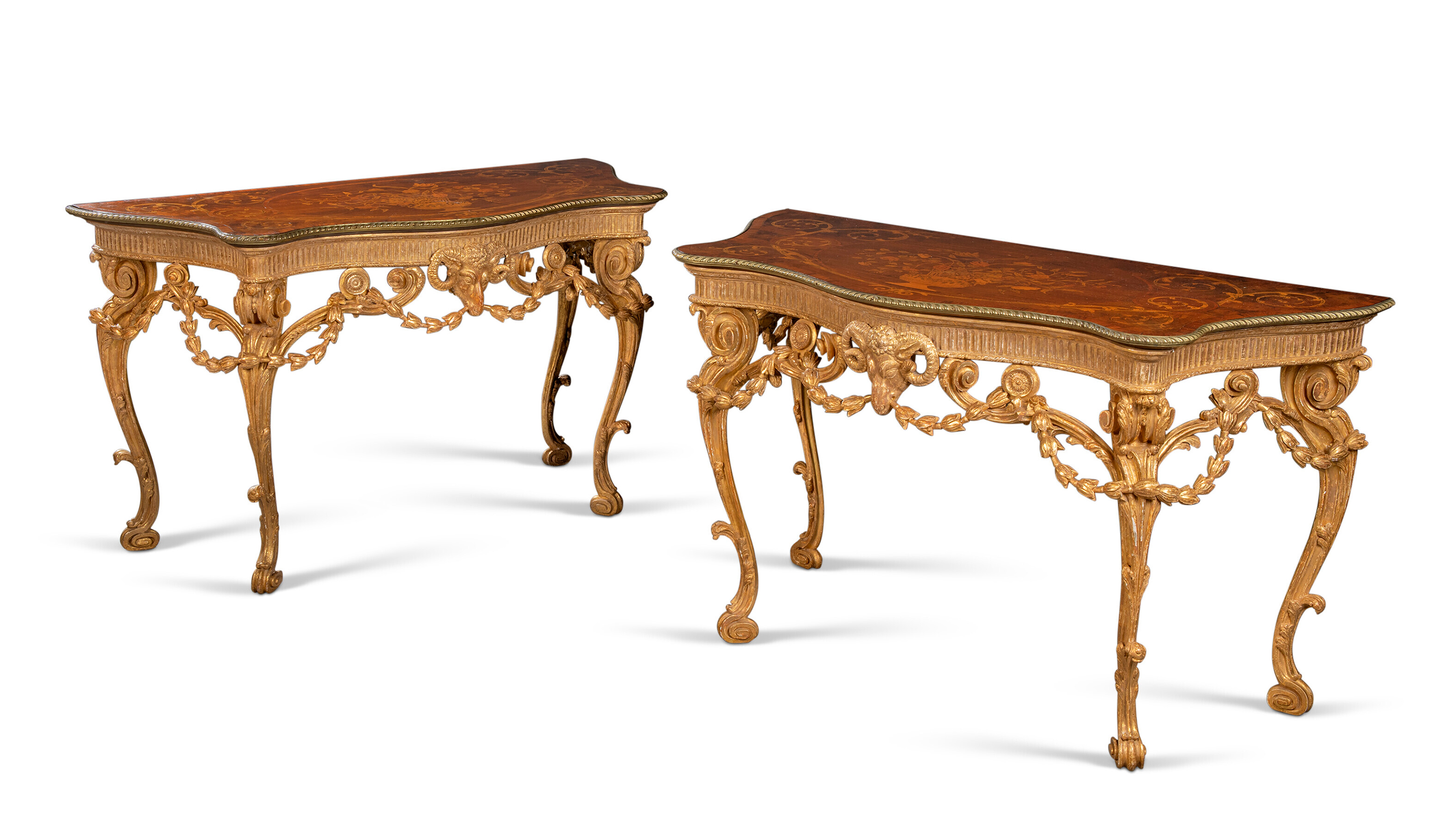 A pair of George III gilt-brass mounted marquetry and giltwood pier tables, circa 1770. Attributed to William Ince and John Mayhew. 34&frac14; in (87 cm) high; 55&frac12; in (141 cm) wide; 25⅛ in (64 cm) deep. Sold for £163,800 on 22 November 2022 at Christie’s in London