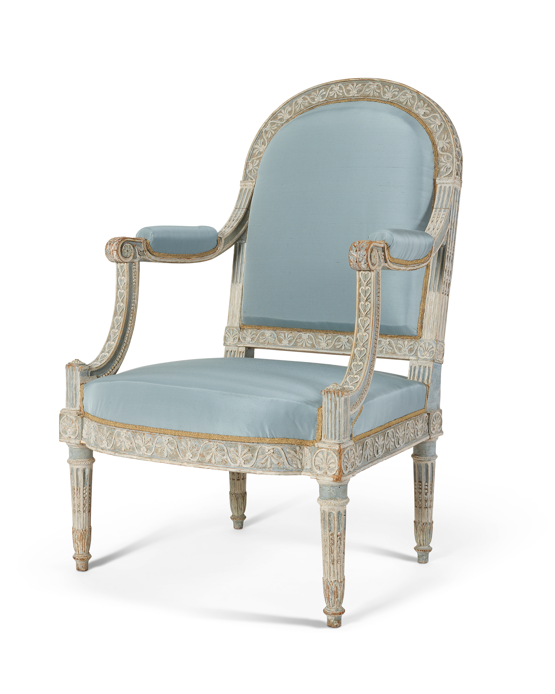 A royal Louis XVI cream-painted armchair, stamped by Georges Jacob, supplied for the petit appartement de la reine at the Palace of Versailles, circa 1788. 37&frac34; x 26 x 25 in (96 x 66 x 64 cm). Sold for €906,000 on 22 November 2022 at Christie’s in Paris