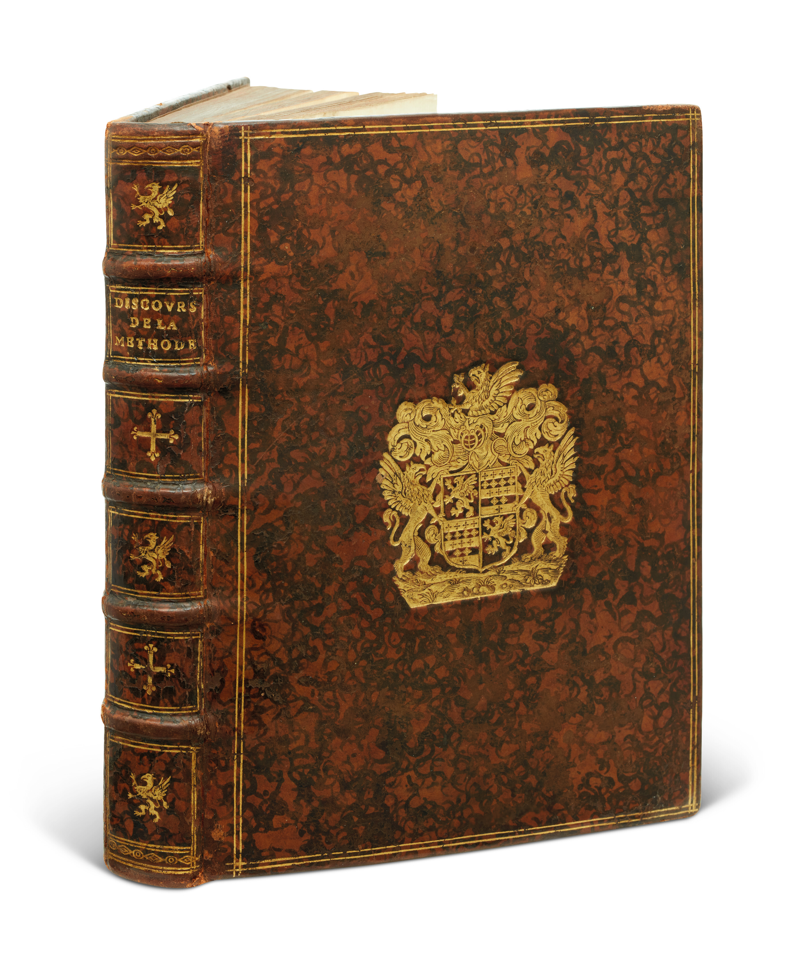 René Descartes (1596-1650), Discours de la méthode. First edition, Leiden, 1637. In contemporary binding with the gilt arms of Louis Treslon-Cauchon, known as Hesselin. Copies in contemporary armorial binding are of the utmost scarcity. Sold for €126,000 on 21 November 2022 at Christie’s Online