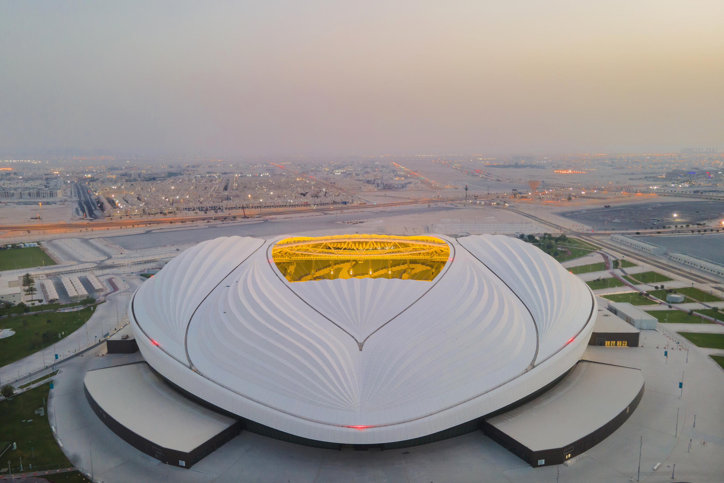 Al Janoub Stadium in Al Wakrah, Qatar, by the Iraqi-British architect Zaha Hadid and AECOM. The roof evokes the sails of dhows historically used by pearl divers in the region. Photo: David Ramos / Getty Images