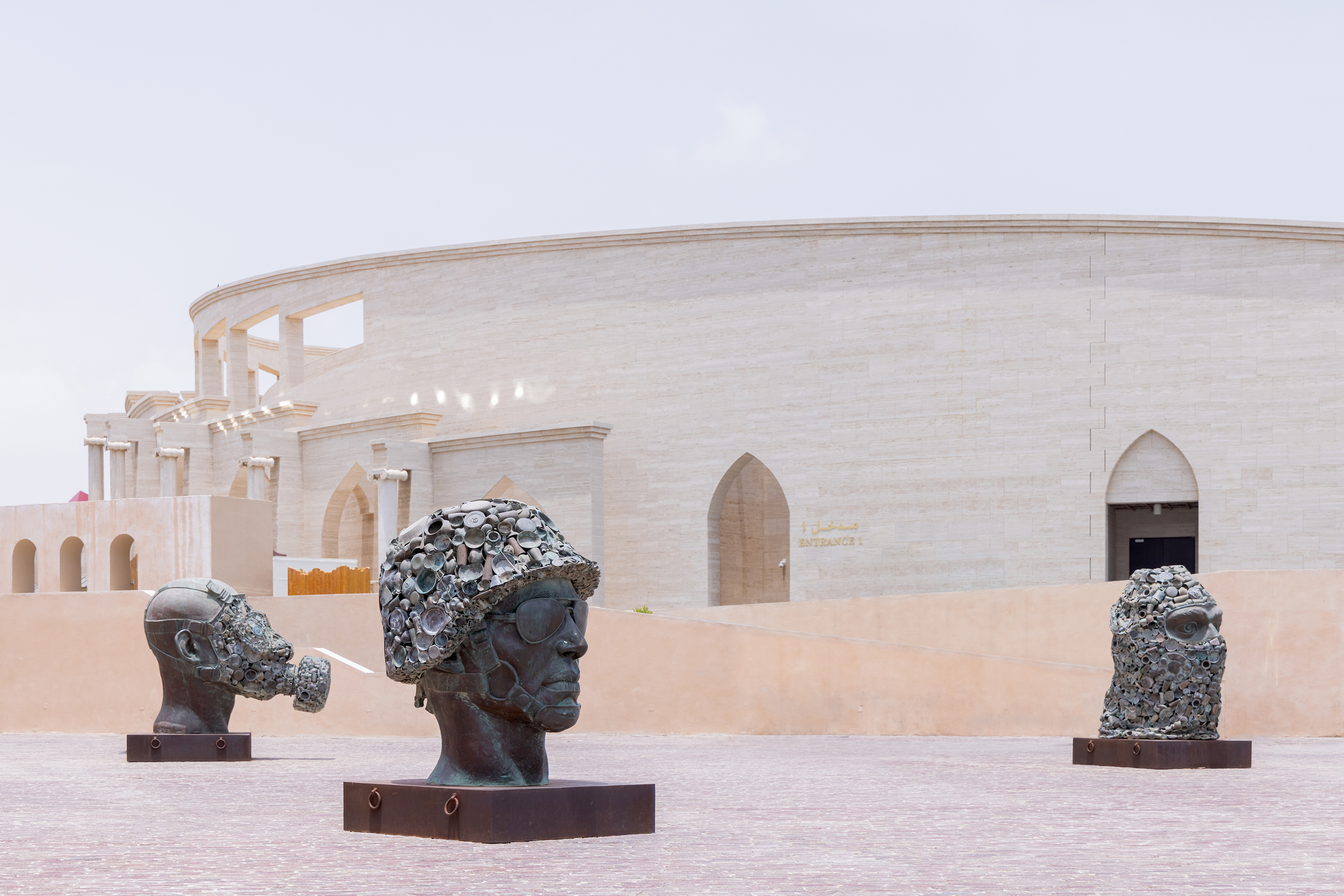 Subodh Gupta (b. 1964), Gandhi’s Three Monkeys, 2012. Bronze and steel. Installation view, Katara Cultural Village. Photo: © Iwan Baan. Courtesy Qatar Museums
