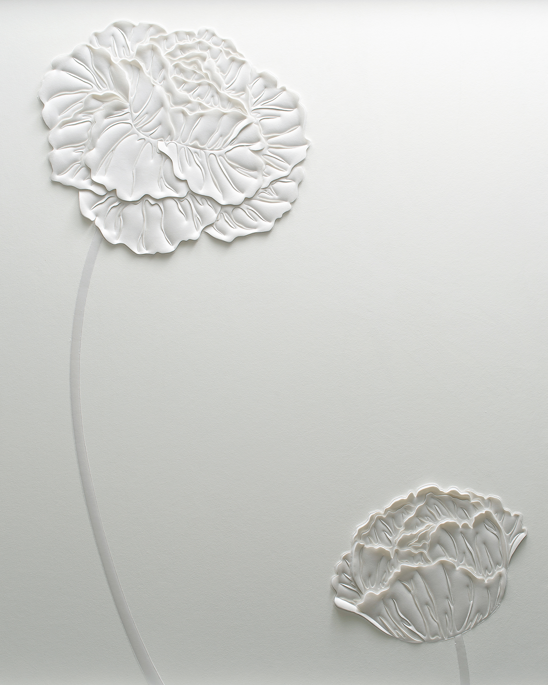 Giant White Peonies, 2021, created by Helen Amy Murray for flagship Van Cleef &amp; Arpels boutiques. The artist creates three-dimensional designs from suede, leather and silk. Photo: courtesy of Helen Amy Murray, Van Cleef &amp; Arpels and photographer Marcos Bevilacqua