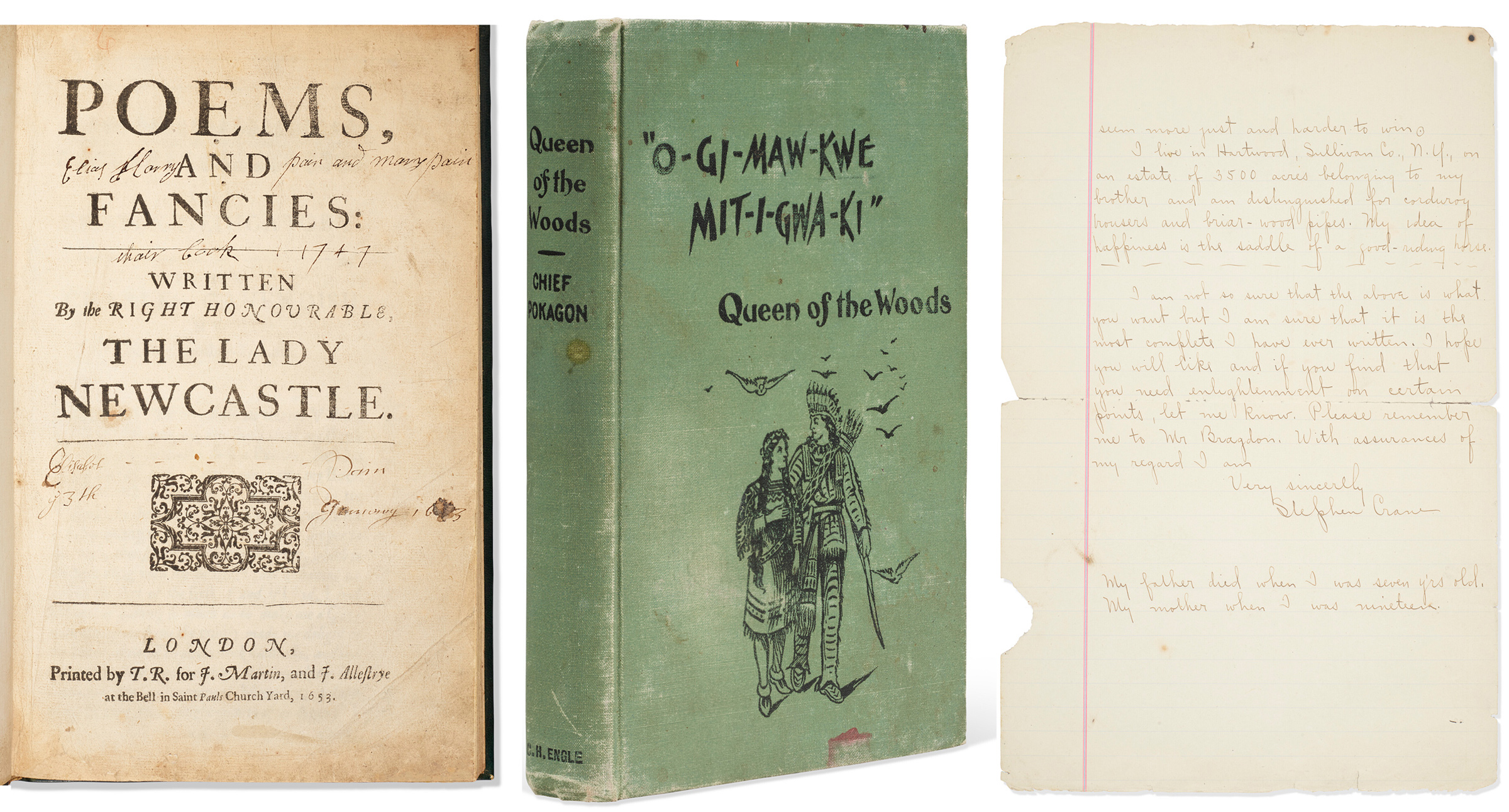 From left to right: Margaret Cavendish, Poems and Fancies, 1653. Sold for $30,240; Chief Simon Pokagon, Queen of the Woods, 1899. Sold for $2,520; Stephen Crane, An autobiographical letter, 2 January 1896. Sold for $16,380. All sold in Fine Printed Books and Manuscripts on 7 December 2022 at Christie’s Online