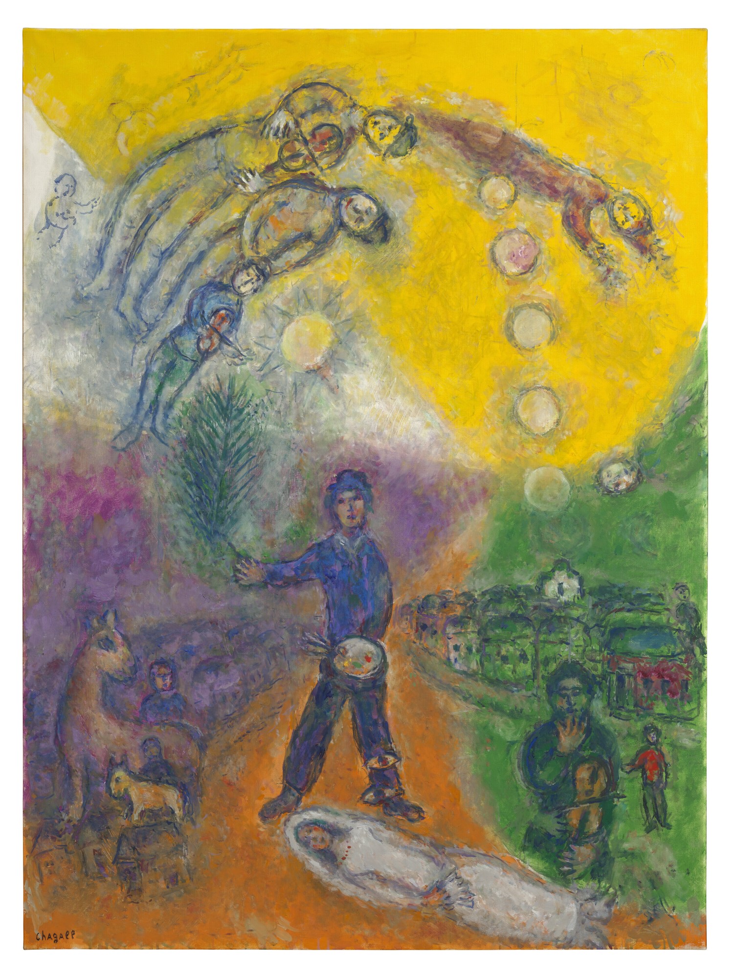 马克·夏加尔(1887 - 1985),《飞翔的艺术家》。油彩 蛋彩 画布。129.8 x 96.8 公分(51 1/8 x 38 1/8 英寸)。此作于2022年12月1日在佳士得香港夏加尔的缤纷人生:艺术家旧藏杰作(第二部分)拍卖售出,成交价22,650,000港元