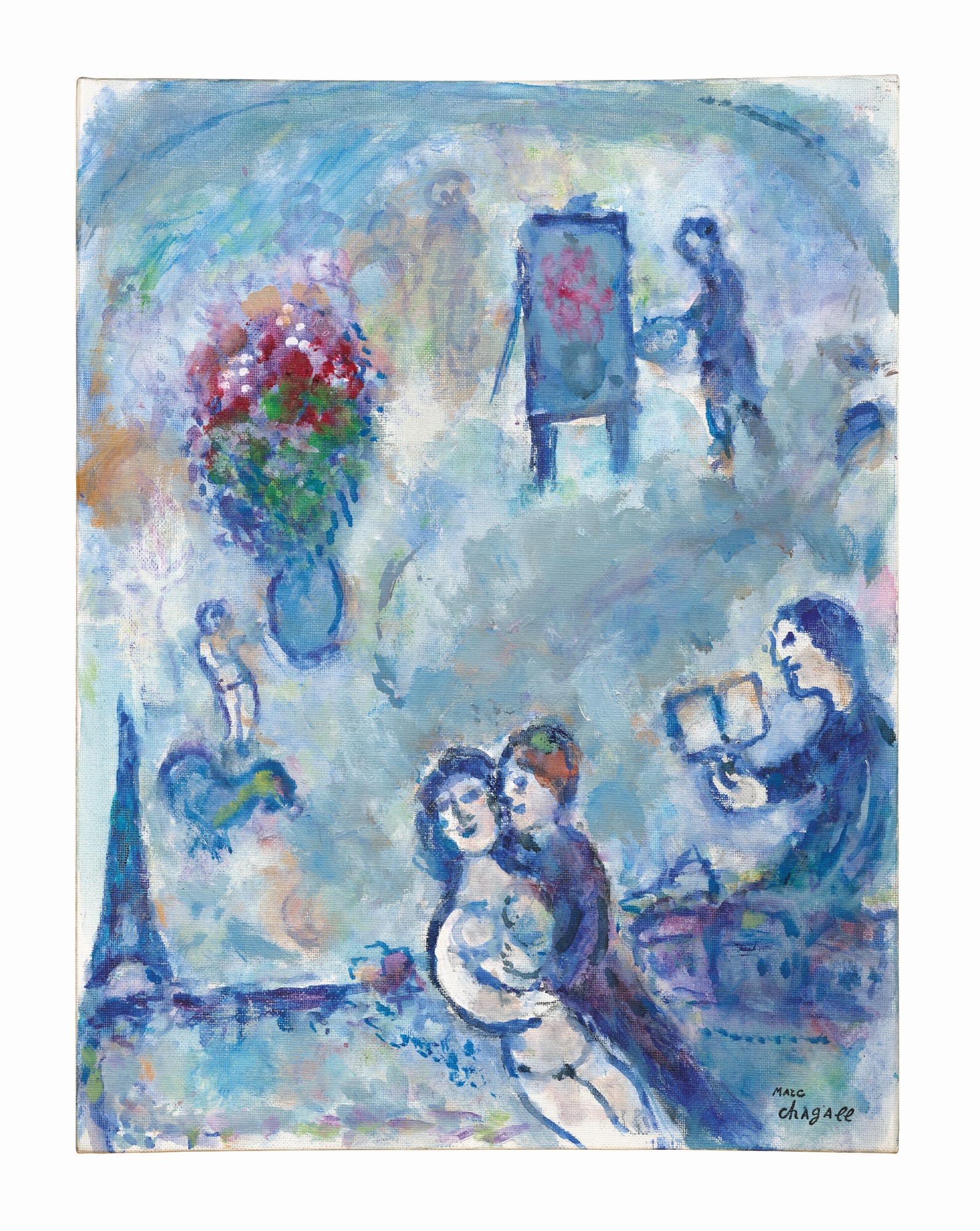 马克·夏加尔(1887 - 1985),《向维捷布斯克与巴黎的情侣朗诵》,约1980-82年作。油彩 蛋彩 油画板。35 x 26.8 公分(13¾ x 10½ 英寸)。此作于2022年12月1日在佳士得香港夏加尔的缤纷人生:艺术家旧藏杰作(第二部分)拍卖售出,成交价3,528,000港元