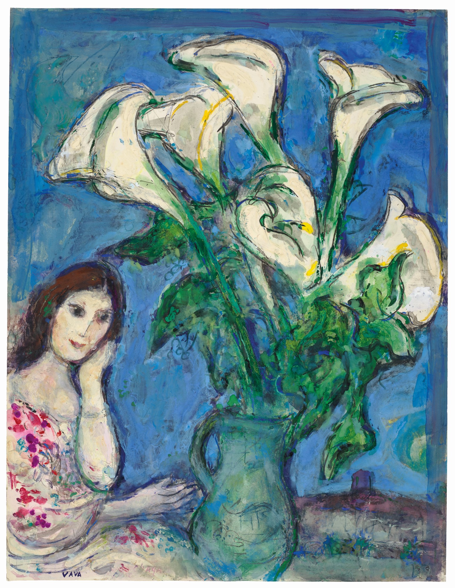 马克·夏加尔(1887 - 1985),《娃娃与白星海芋》,约1956-1958年作。油彩 水粉 炭笔 铅笔 纸本。65 x 49.7 公分(25 5/8 x 19 5/8 英寸)。此作于2022年12月1日在佳士得香港夏加尔的缤纷人生:艺术家旧藏杰作(第二部分)拍卖售出,成交价3,024,000港元