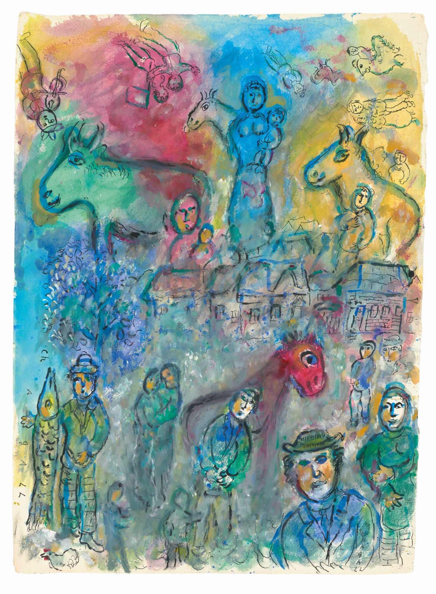 马克·夏加尔(1887 - 1985),《五彩的村庄庆典》。水粉 水彩 画笔 墨水笔 印度墨水 纸本。78.8 x 57.5 公分(31⅛ x 22⅝ 英寸)。此作于2022年12月1日在佳士得香港夏加尔的缤纷人生:艺术家旧藏杰作(第二部分)拍卖售出,成交价3,024,000港元