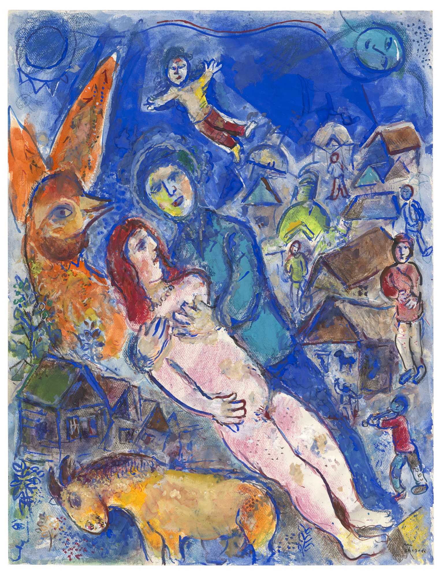 马克·夏加尔(1887 - 1985),《蓝色村庄上空的裸女与公鸡》。水粉 粉彩 蛋彩 彩色墨水 纸本。64.8 x 49.7 公分(25 ½ x 19 ⅝ 英寸)。此作于2022年12月1日在佳士得香港夏加尔的缤纷人生:艺术家旧藏杰作(第二部分)拍卖售出,成交价3,024,000港元