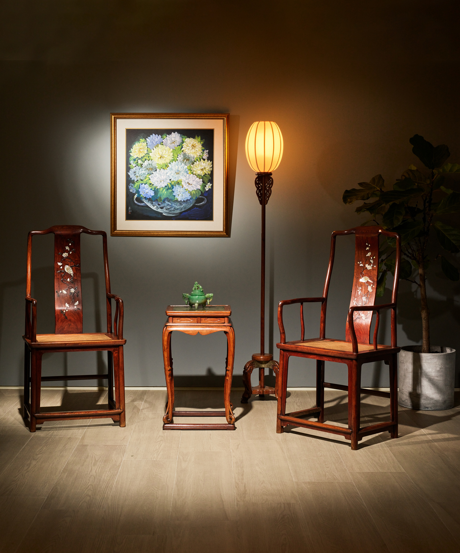 An important and extremely rare three-legged huanghuali lampstand, sanzudengtai. Ming dynasty, early 17th century; 63 in (162 cm) high. Sold for HK$8,568,000. A very rare pair of inlaid huanghuali ‘southern official’s hat’ armchairs, nanguanmaoyi.
Ming dynasty, 16th-17th century; 49⅝ in (126 cm) high. Sold for HK$17,250,000. A very rare huanghuali rectangular incense stand with serpentine panel and drawer, xiangji.
17th century; 29⅛ in (74 cm) high. Sold for HK$24,450,000. All sold in Rich Golden Hues And Graceful Forms - Classical Chinese Furniture From The Tseng Collection on 29 November 2022 at Christie’s in Hong Kong