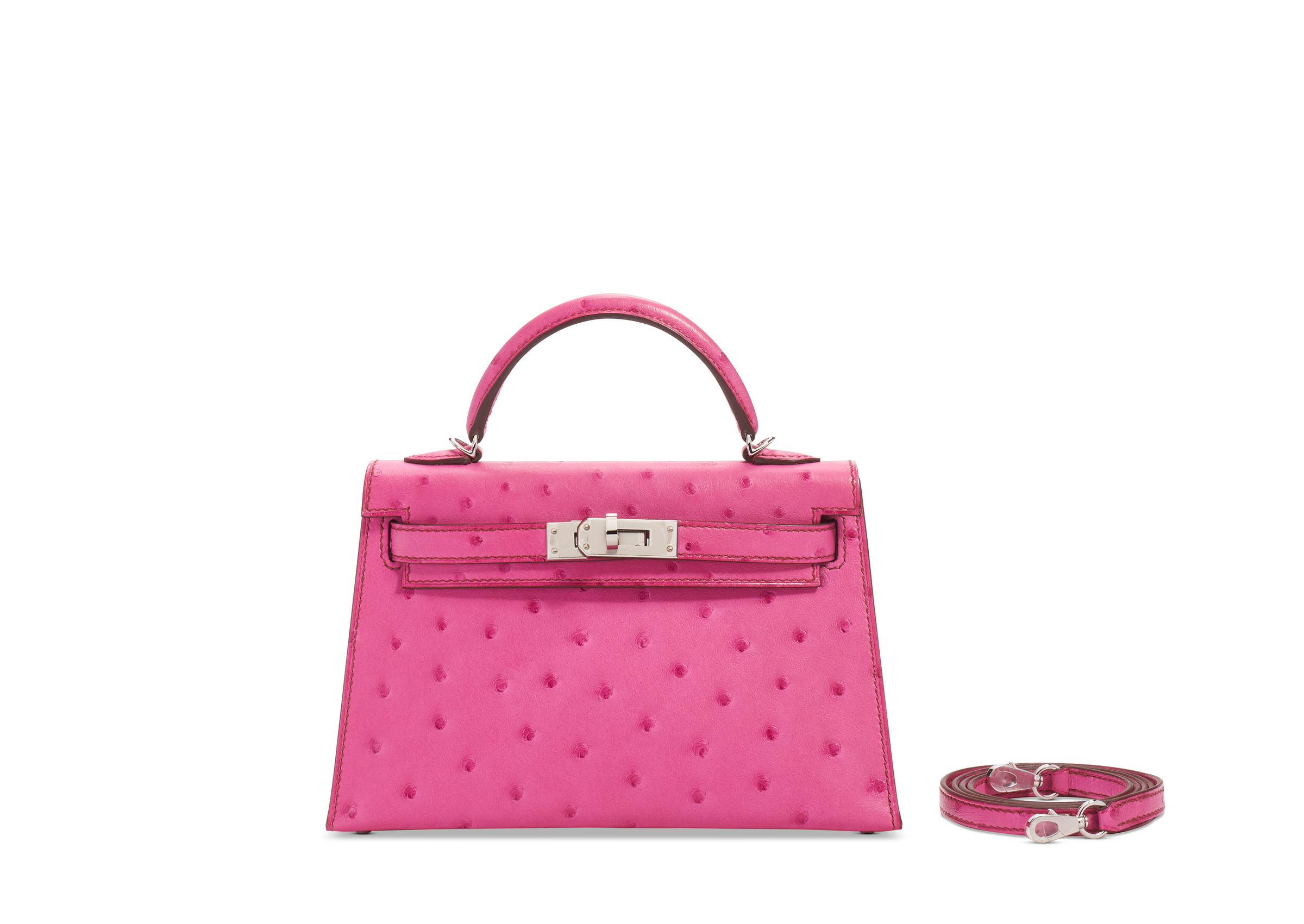 A fuchsia ostrich Mini Kelly 20 II with palladium hardware, Hermès, 2021. Estimate: $35,000-$40,000. Offered in Handbags Online: The New York Edit from 28 November-12 December at Christie’s online