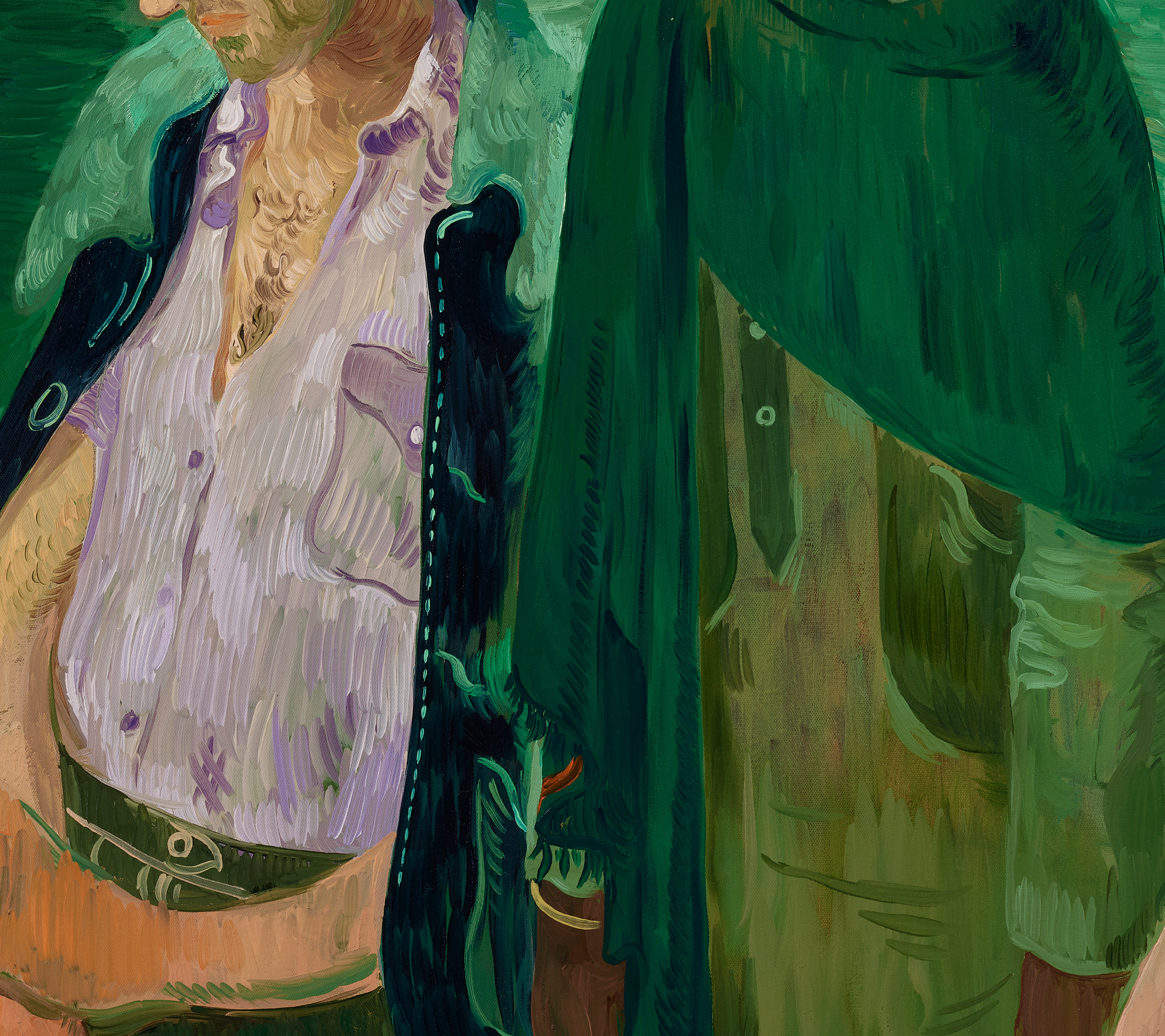 Salman Toor, 4 Guests (detail), 2019. Oil on canvas. 39⅛ x 43⅛ in (99.4 x 109.5 cm). Sold for $856,800 in 21st Century Evening Sale on 17 November 2022 at Christie's in New York. © Salman Toor; Courtesy of the artist and Luhring Augustine, New York