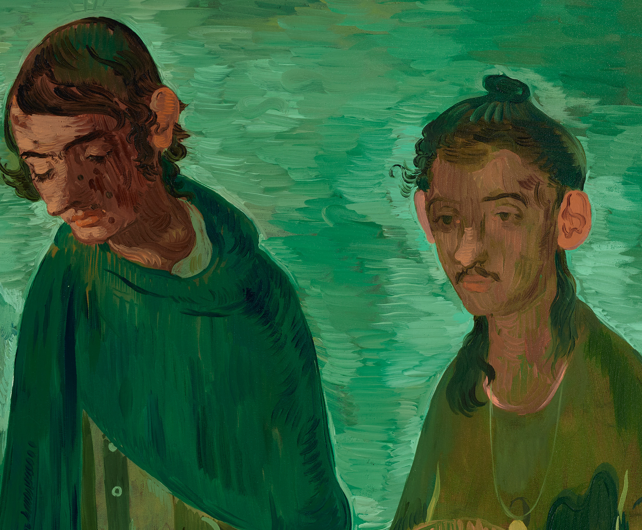 Salman Toor, 4 Guests (detail), 2019. Oil on canvas. 39⅛ x 43⅛ in (99.4 x 109.5 cm). Sold for $856,800 in 21st Century Evening Sale on 17 November 2022 at Christie's in New York. © Salman Toor; Courtesy of the artist and Luhring Augustine, New York