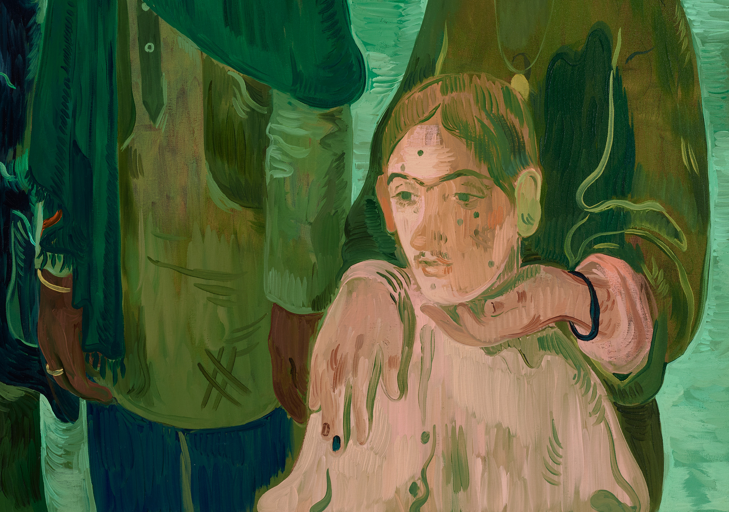 Salman Toor, 4 Guests (detail), 2019. Oil on canvas. 39⅛ x 43⅛ in (99.4 x 109.5 cm). Sold for $856,800 in 21st Century Evening Sale on 17 November 2022 at Christie's in New York. © Salman Toor; Courtesy of the artist and Luhring Augustine, New York
