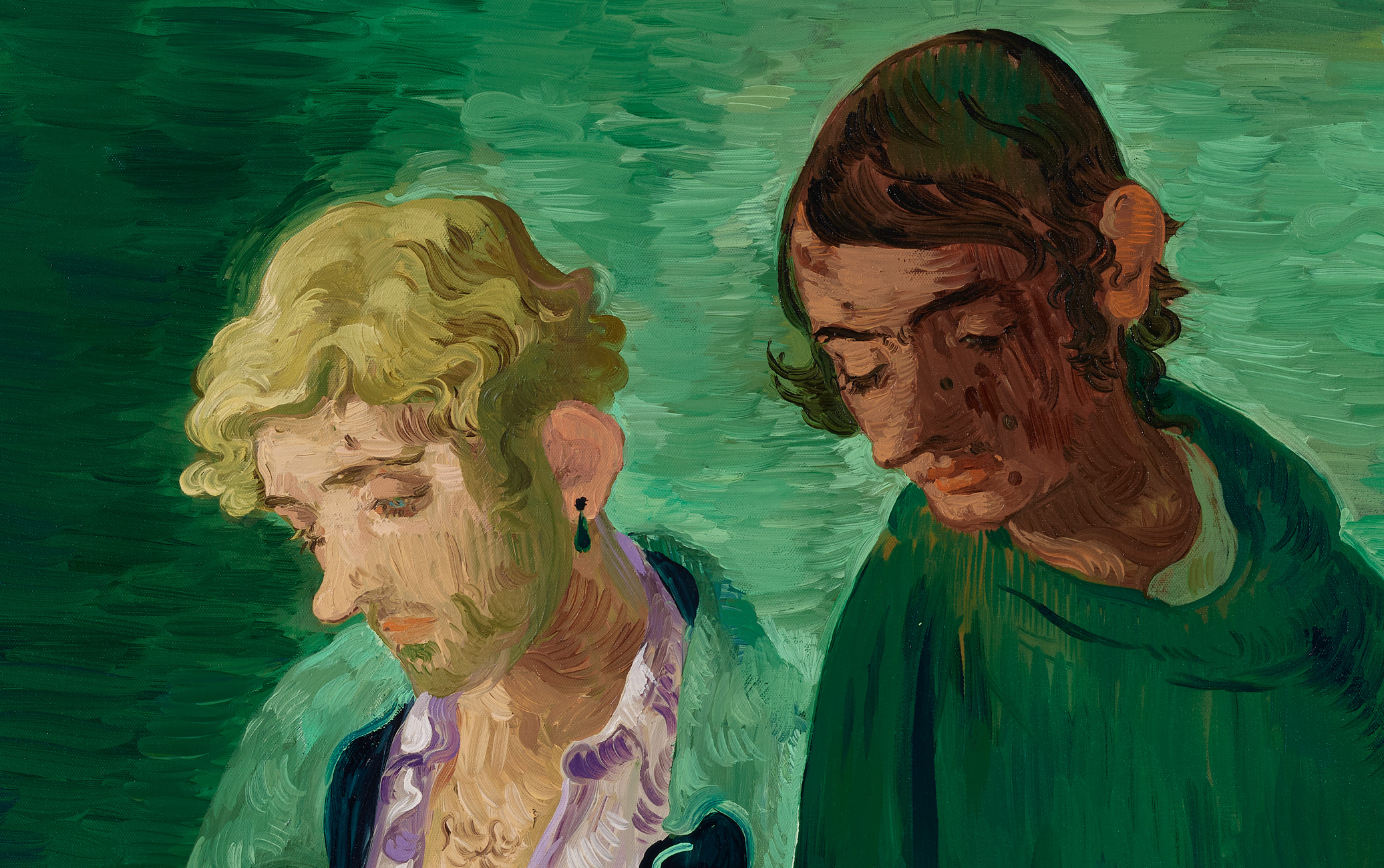 Salman Toor, 4 Guests (detail), 2019. Oil on canvas. 39⅛ x 43⅛ in (99.4 x 109.5 cm). Sold for $856,800 in 21st Century Evening Sale on 17 November 2022 at Christie's in New York. © Salman Toor; Courtesy of the artist and Luhring Augustine, New York