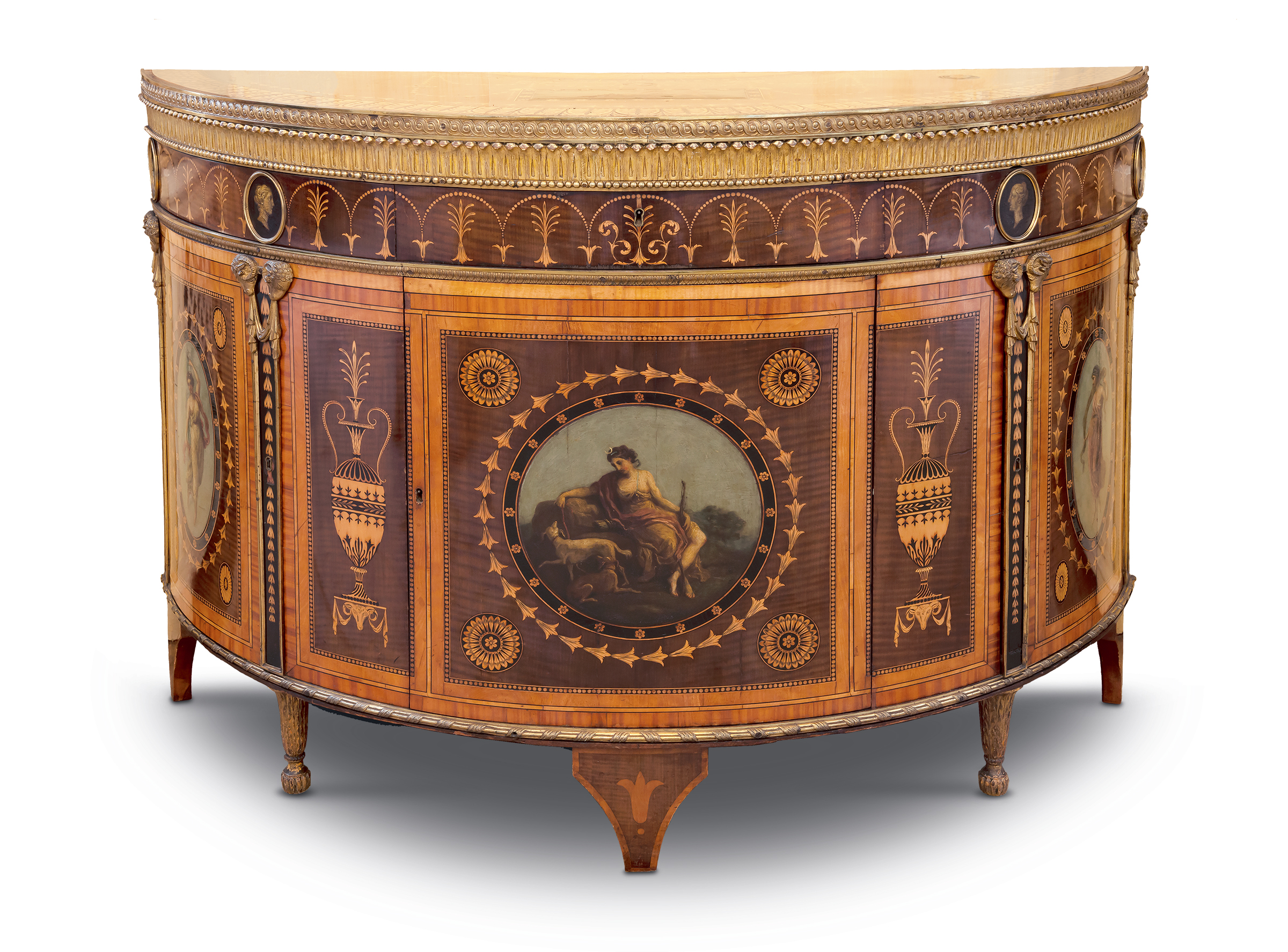 Commode with satinwood, harewood and tulipwood ‘Etruscan’ marquetry, painted decoration and ormolu mounts. By William Ince and John Mayhew, 1775. Made to the designs of Robert Adam for the Earl of Derby. Photo: courtesy The Derby Collection