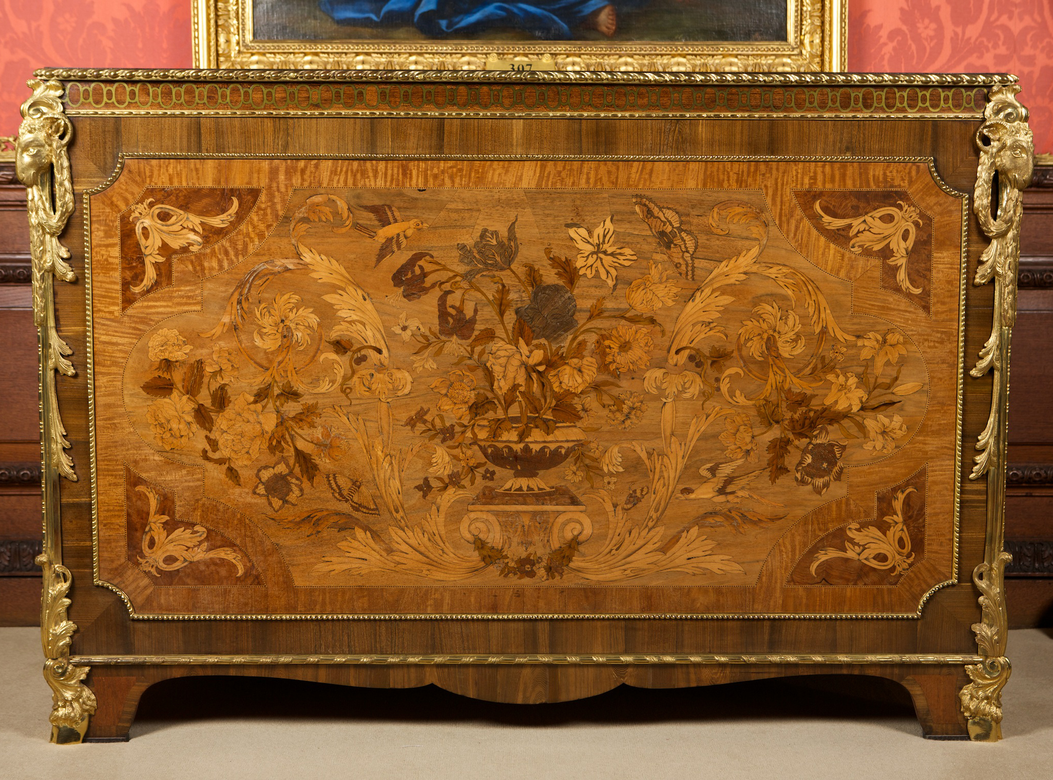 A commode incorporating reworked 17th-century marquetry with ormolu mounts. One of a pair made for the Earl of Exeter. William Ince and John Mayhew, 1767. Photo: courtesy Burghley House