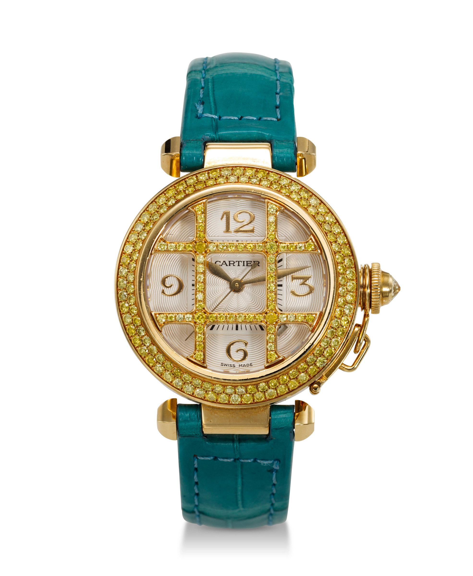 Cartier Pasha, a very fine 18K yellow gold and yellow diamond-set wristwatch. Ref. 2399. Case: 32mm diameter. Sold for $6,930 in Watches Online: The New York Edit on 13 December 2022 at Christie's online