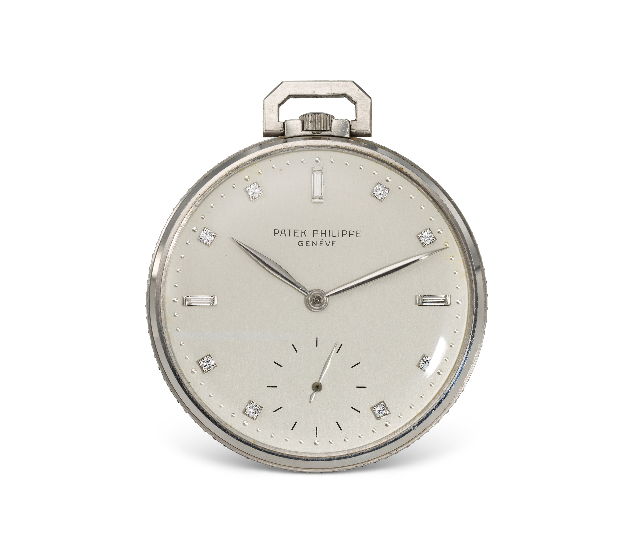 Patek Philippe. A very fine and rare platinum and diamond-set pocket watch with subsidiary seconds. Ref. 600/3. Sold for $21,420 in Watches Online: The New York Edit on 13 December 2022 at Christie’s online