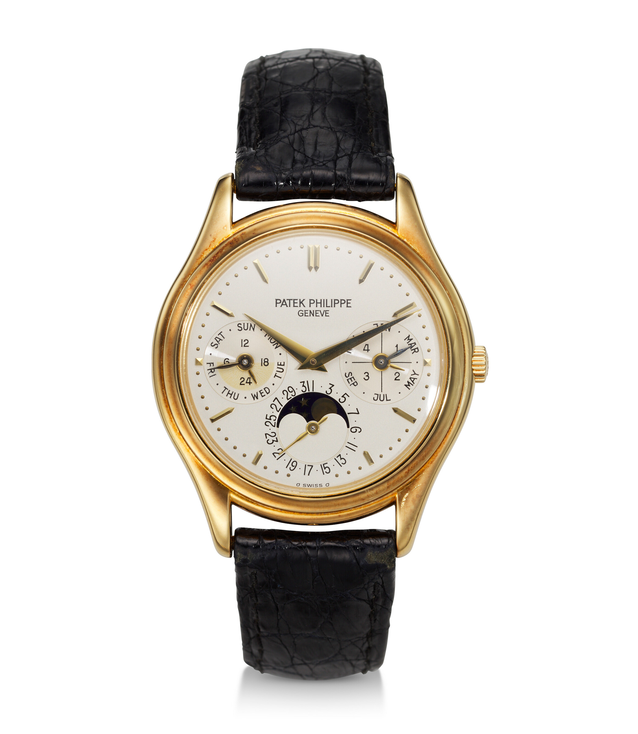 Patek Philippe. A very fine 18K yellow gold perpetual calendar wristwatch with moon phases and 24 hour indicator. Ref. 3940. Case: 36mm diameter. Sold for $60,480 in Watches Online: The New York Edit on 13 December 2022 at Christie's online