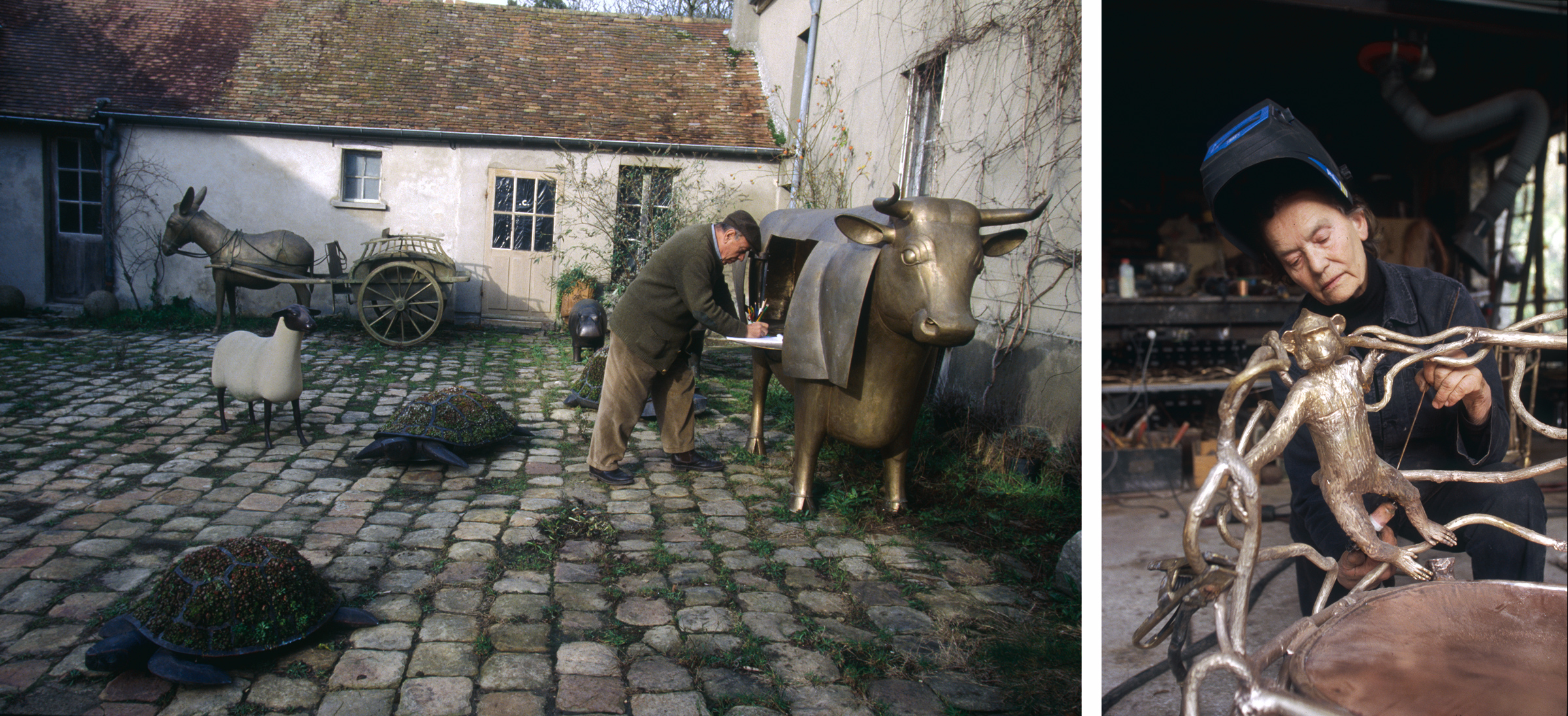 Left: François-Xavier Lalanne working on a statue of a metal bull in Ury. Photograph: © Micheline Pelletier/Sygma/Getty Images. Artwork © 2022 Artists Rights Society (ARS), New York / ADAGP, Paris. Right: Claude Lalanne working in her studio in Ury. Photograph: © Micheline Pelletier/Sygma/Getty Images. Artwork © 2022 Artists Rights Society (ARS), New York / ADAGP, Paris